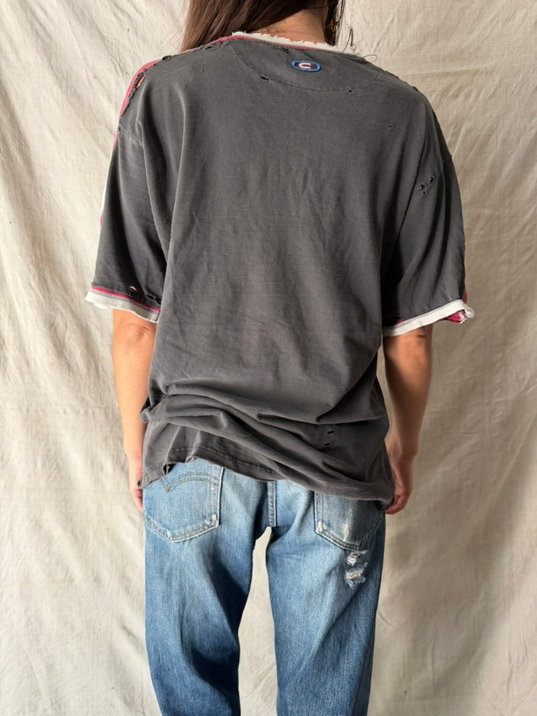 Super Distressed Grey + Red Striped Tee