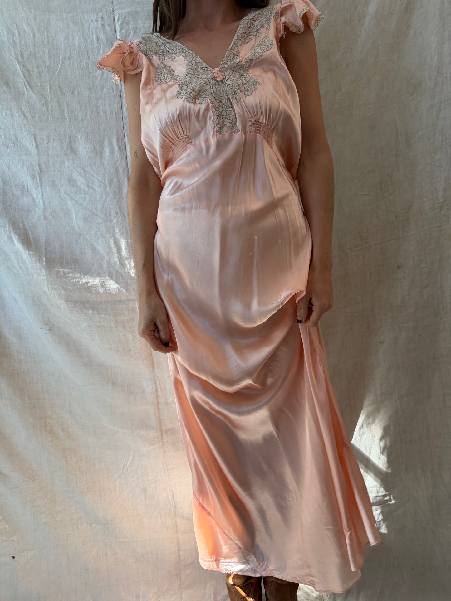 Ruffle Satin Peach Slip Dress