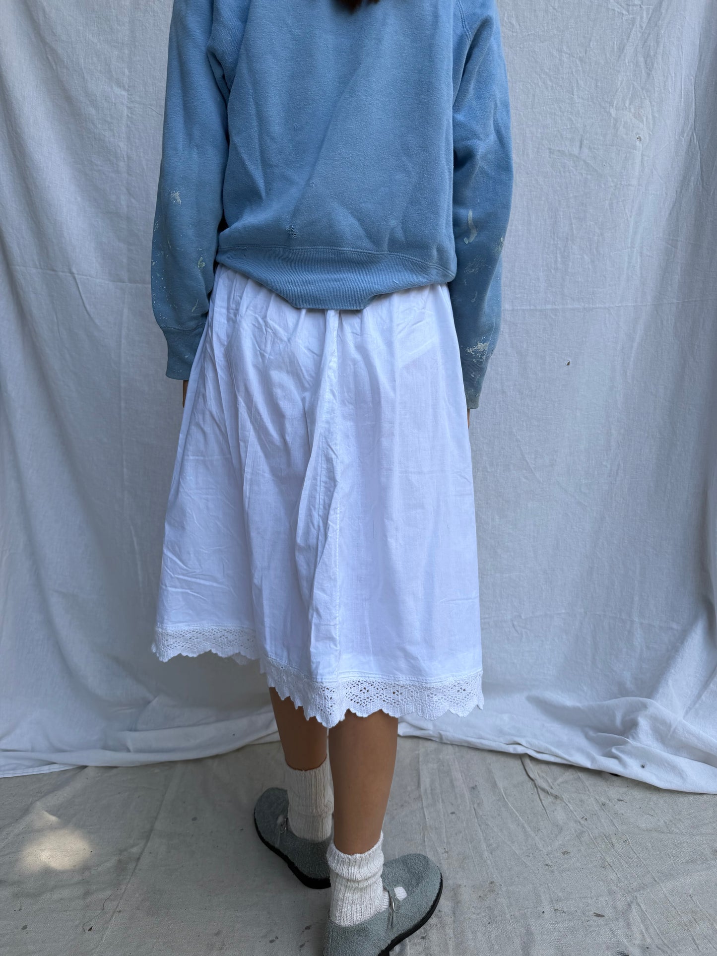 Antique Italian White Cotton Skirt w Crochet Scalloped Trim