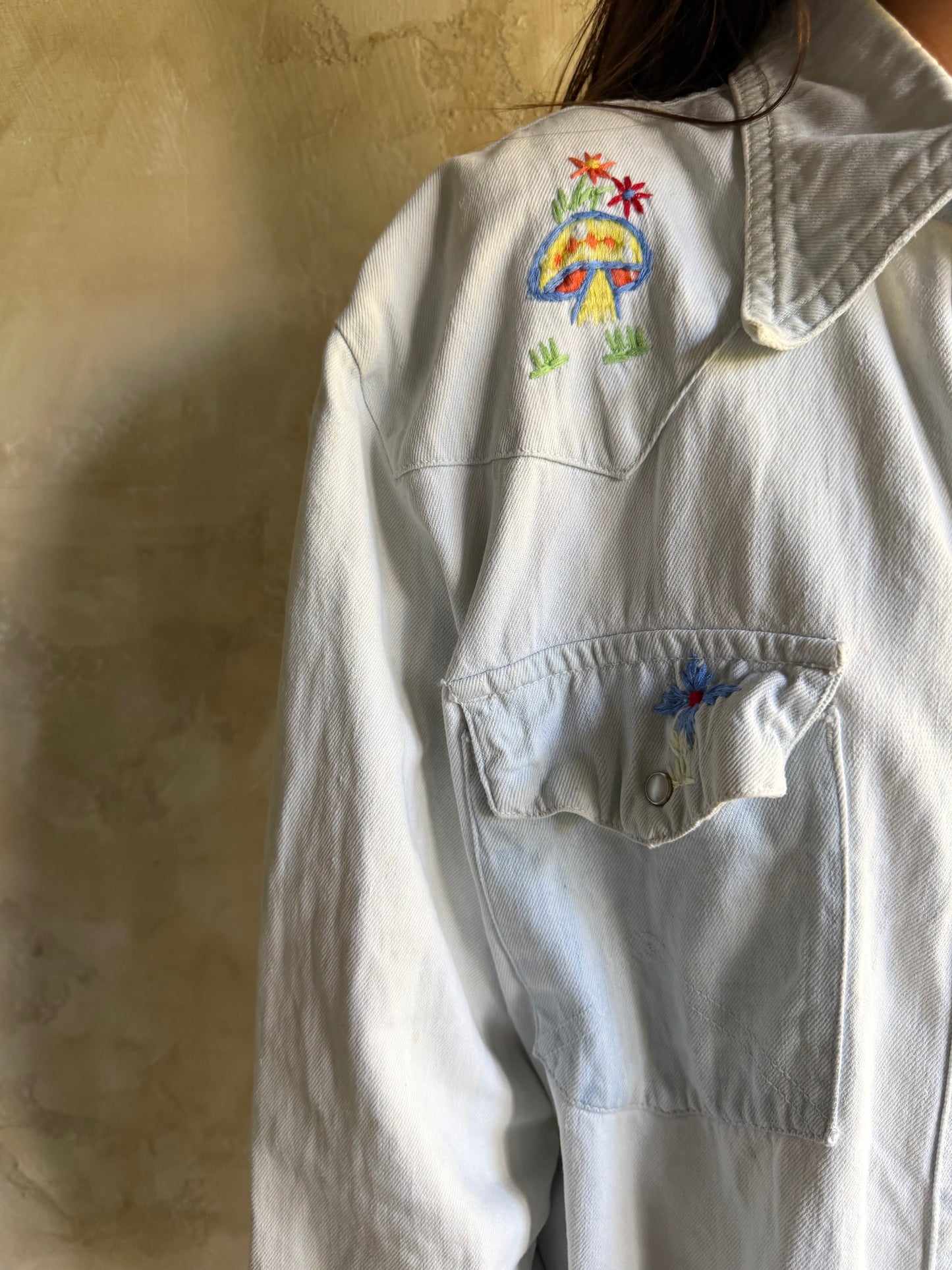 80s Hand Embroidered Light Wash Denim Button Up