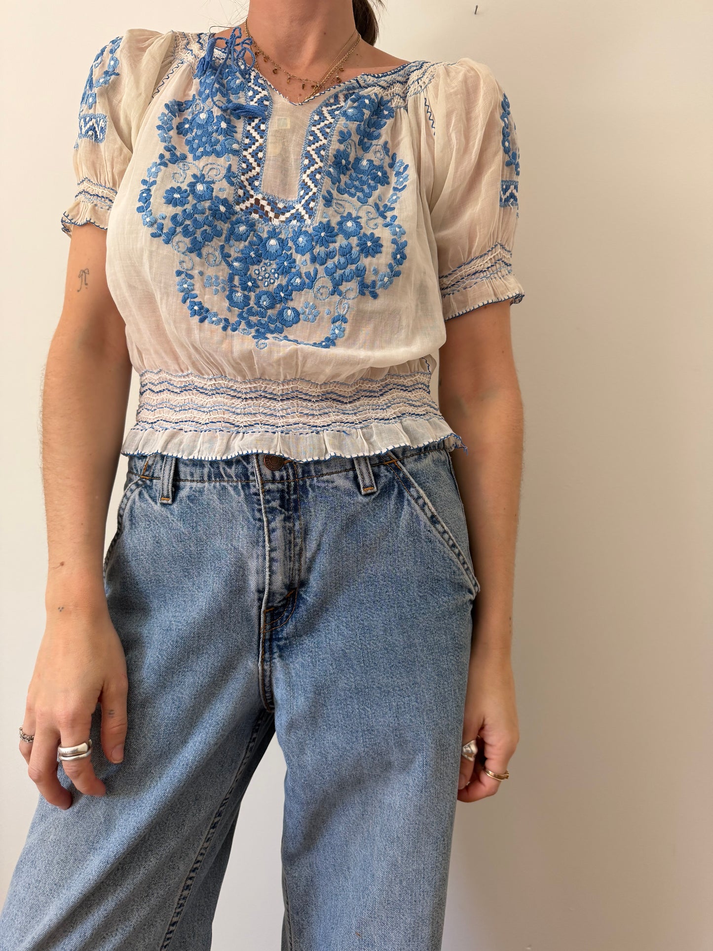 1930s Hungarian Blue Floral Embroidered Blouse