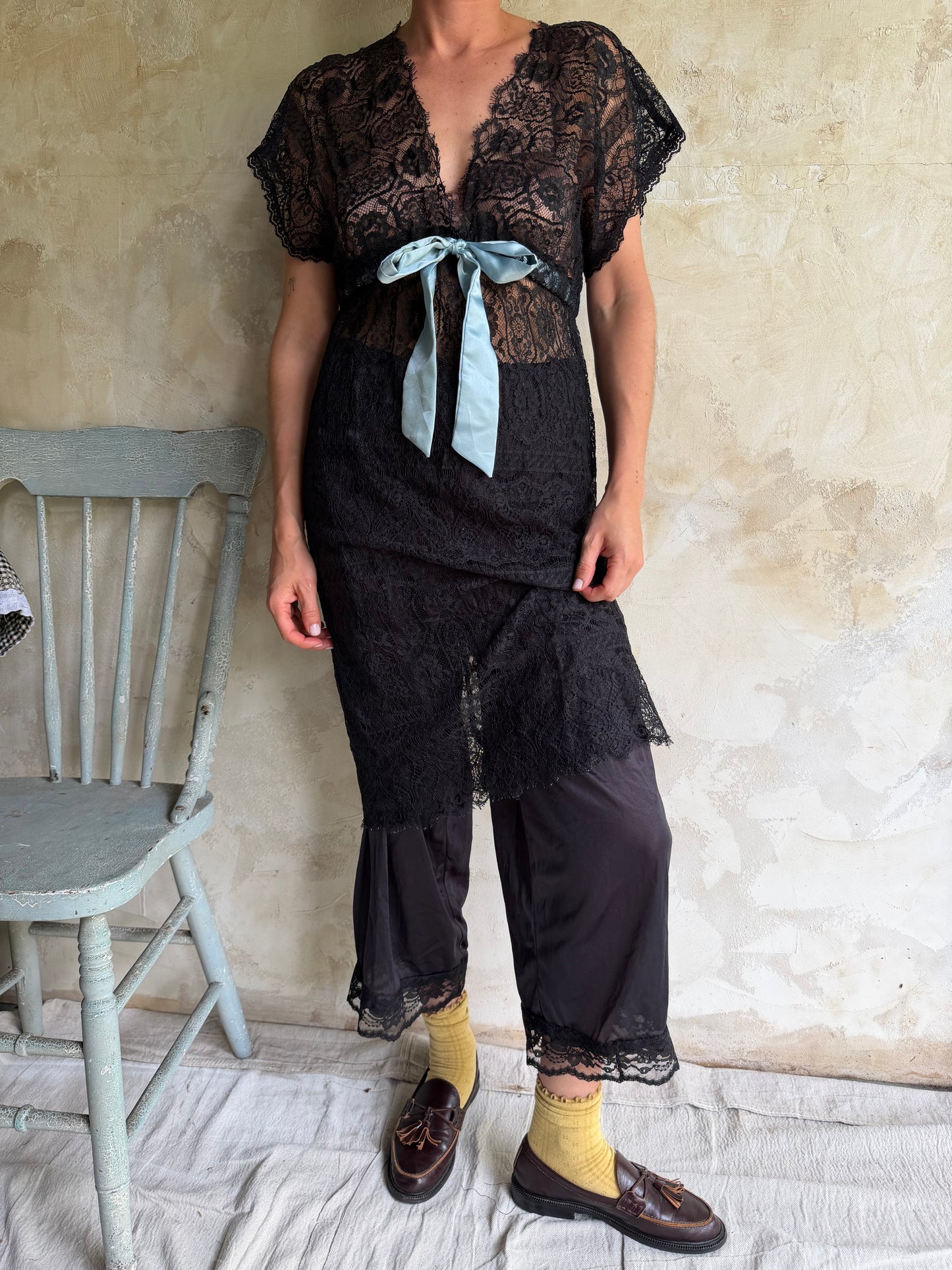 Black Lace Sheer Dress w Blue Satin Bow
