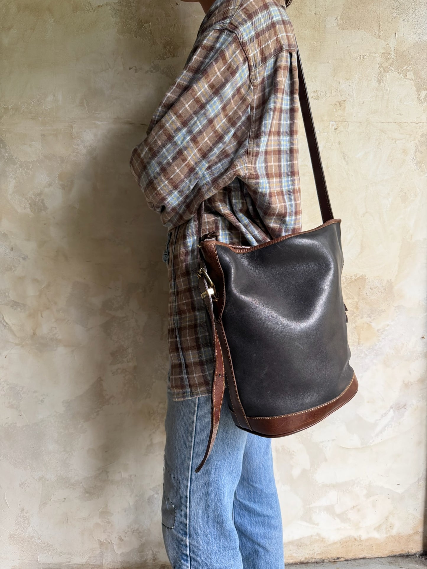 Roots Leather Bucket Bag