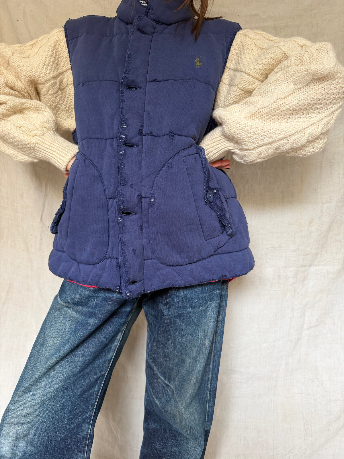 Distressed Polo Jersey Puffer Vest