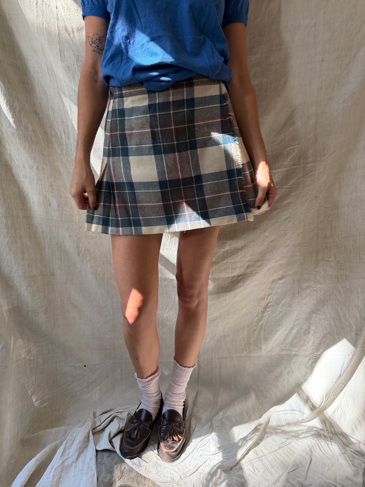 Cream, Brown + Blue Cropped Kilt