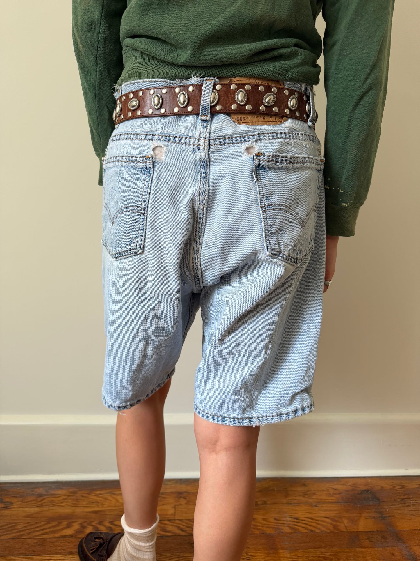 Levi’s 505 Regular Fit Distressed Lightwash Long Denim Shorts