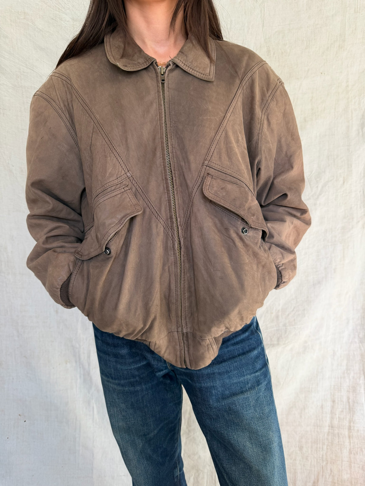 Faded Fawn Brown Leather Bomber Jacket