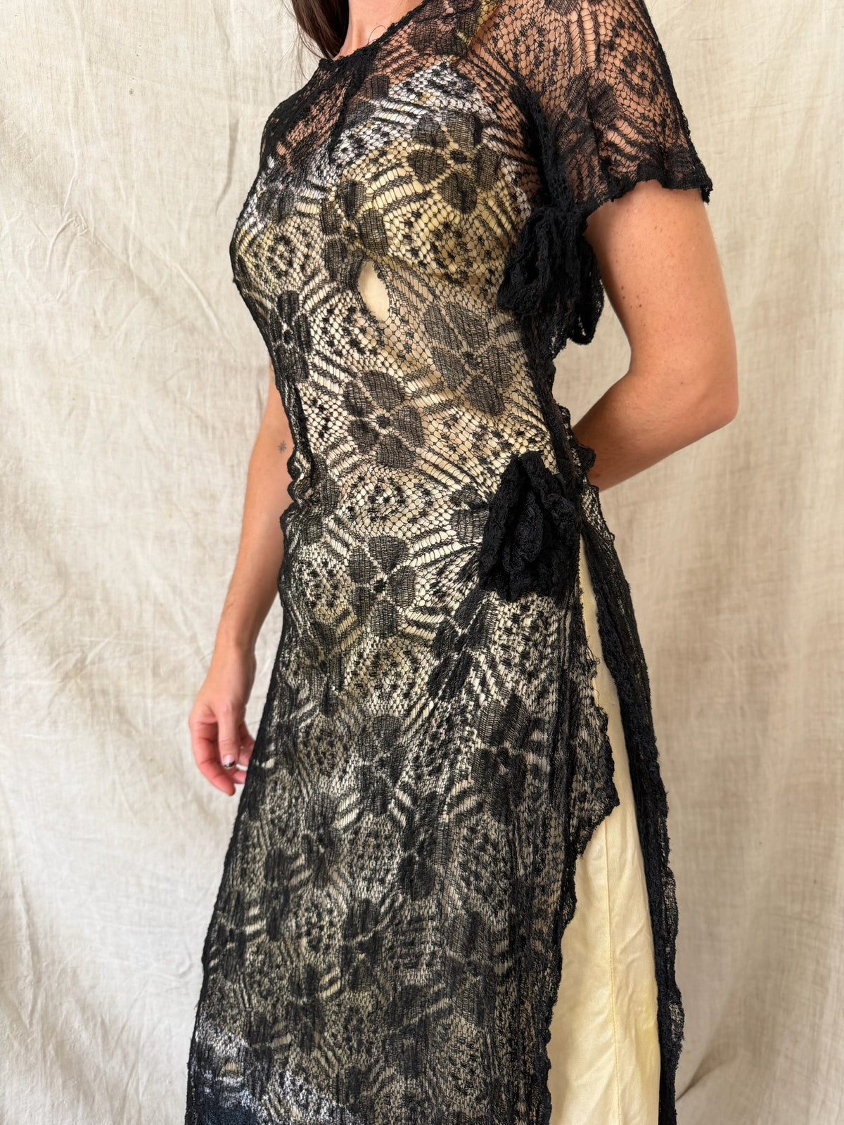 1920s Antique Black Mesh Lace Overlay