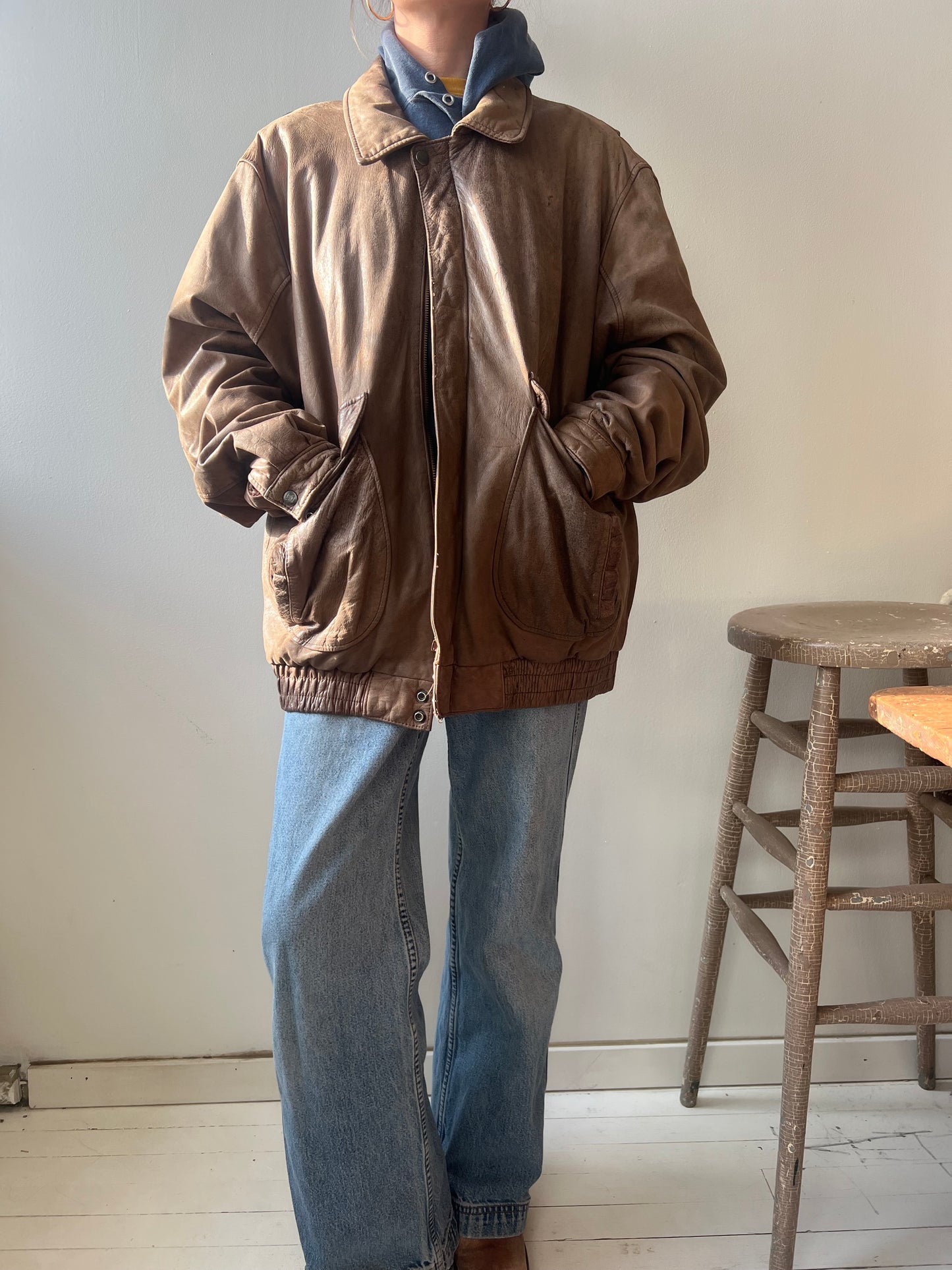 Fawn Brown Leather Bomber Jacket