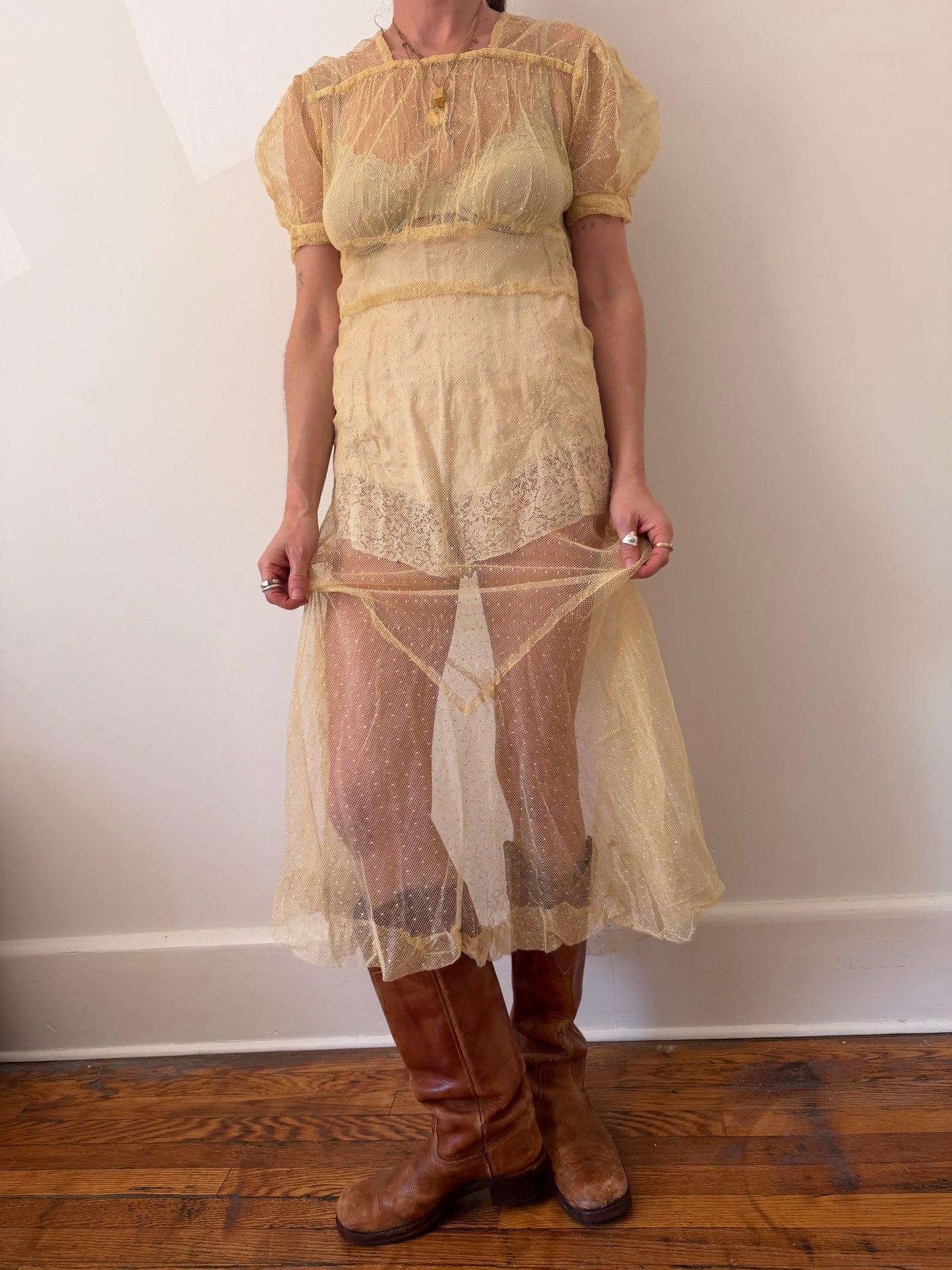 1930s Yellow Net Sheer Dress Overlay