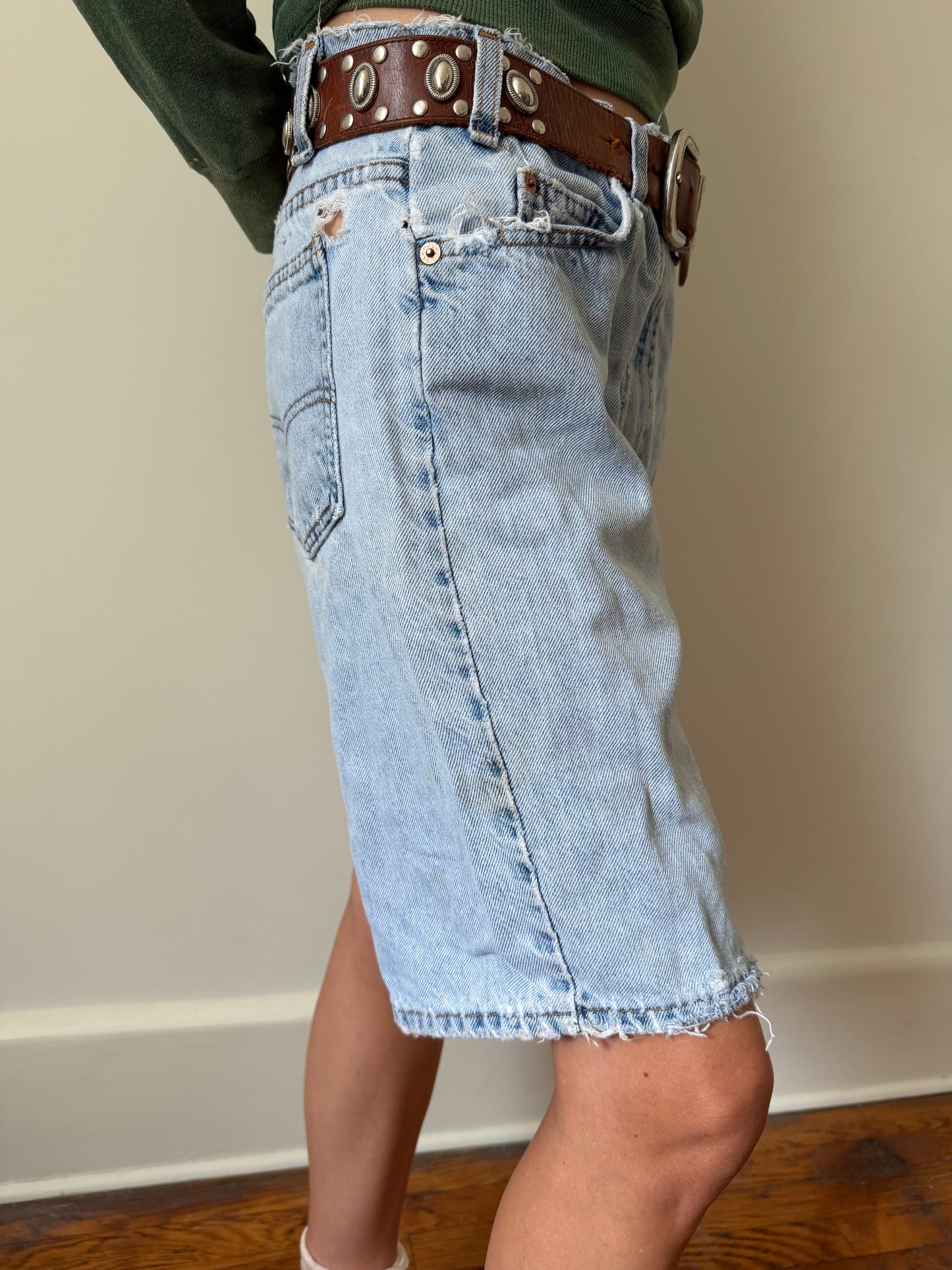 Levi’s 505 Regular Fit Distressed Lightwash Long Denim Shorts