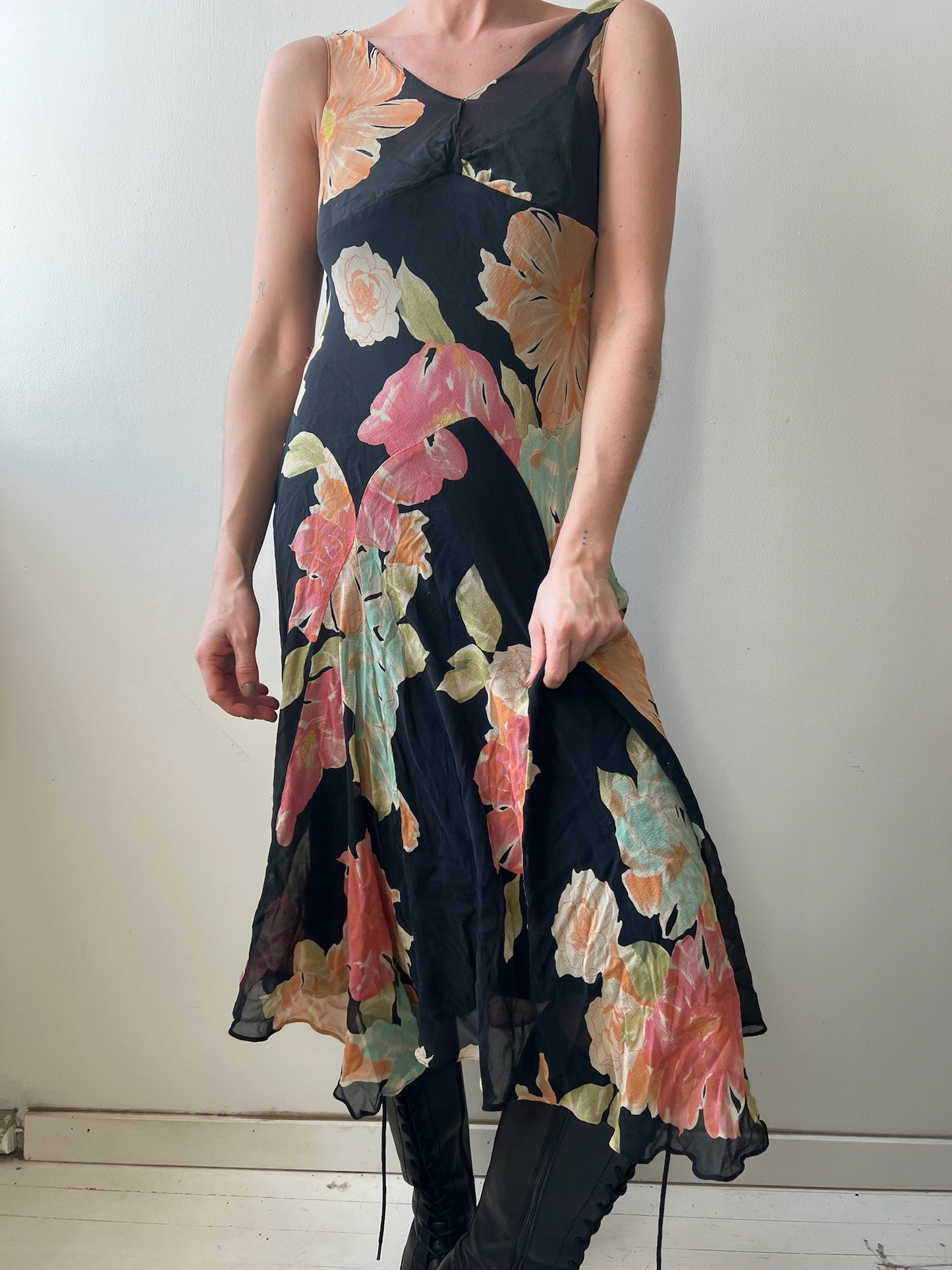 Silk Black Floral Dress
