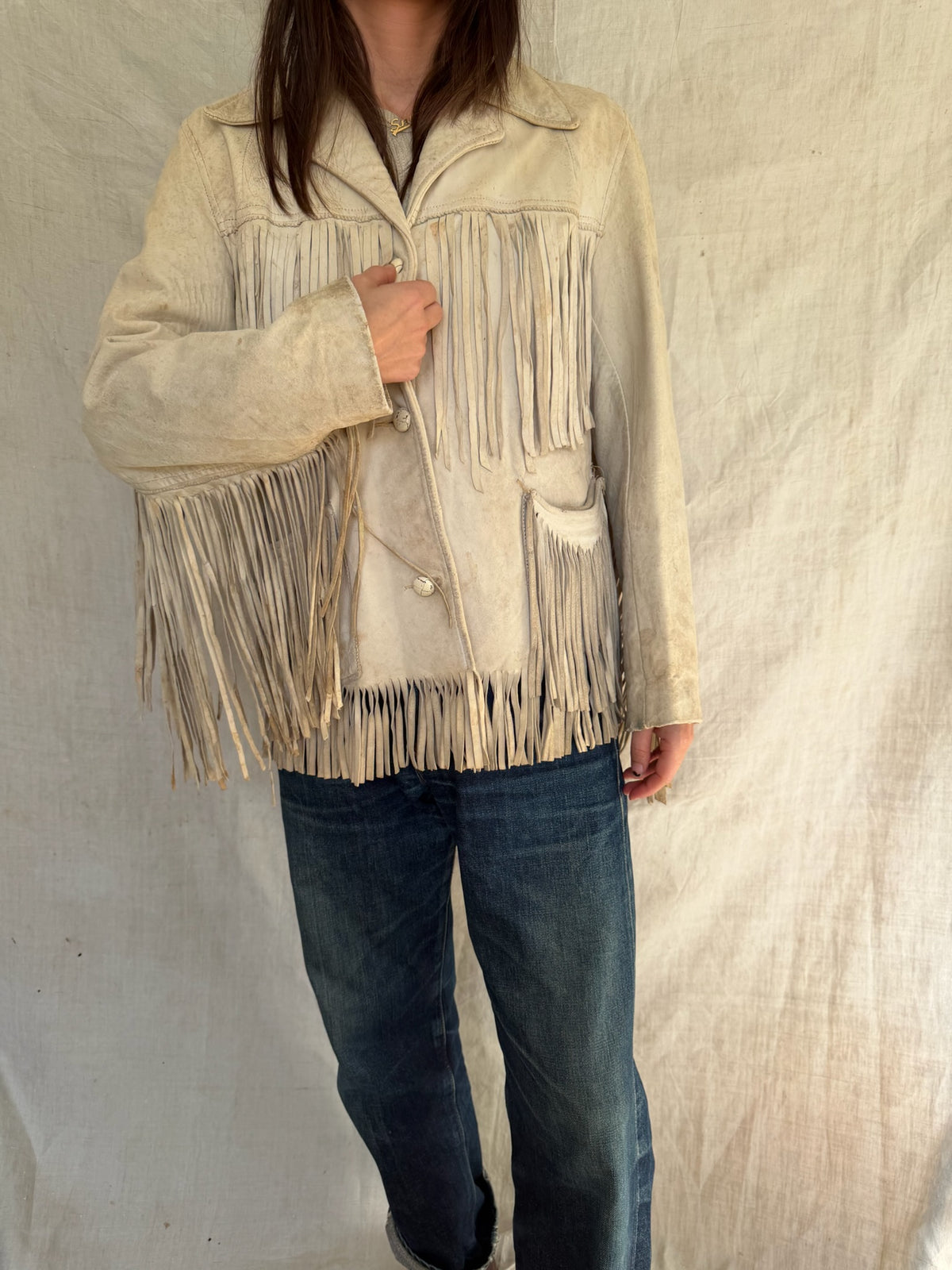 Well loved Cream Buckskin Fringe Jacket