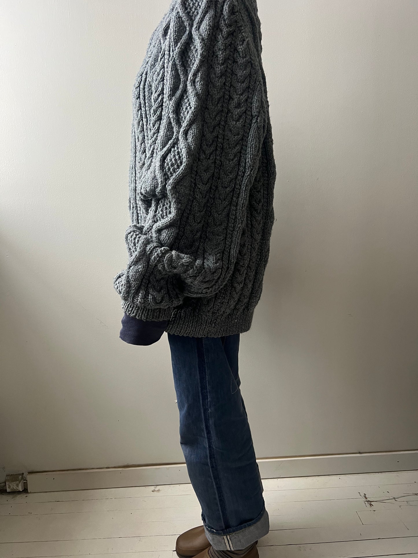 Blue Grey Handmade Cable-knit Sweater
