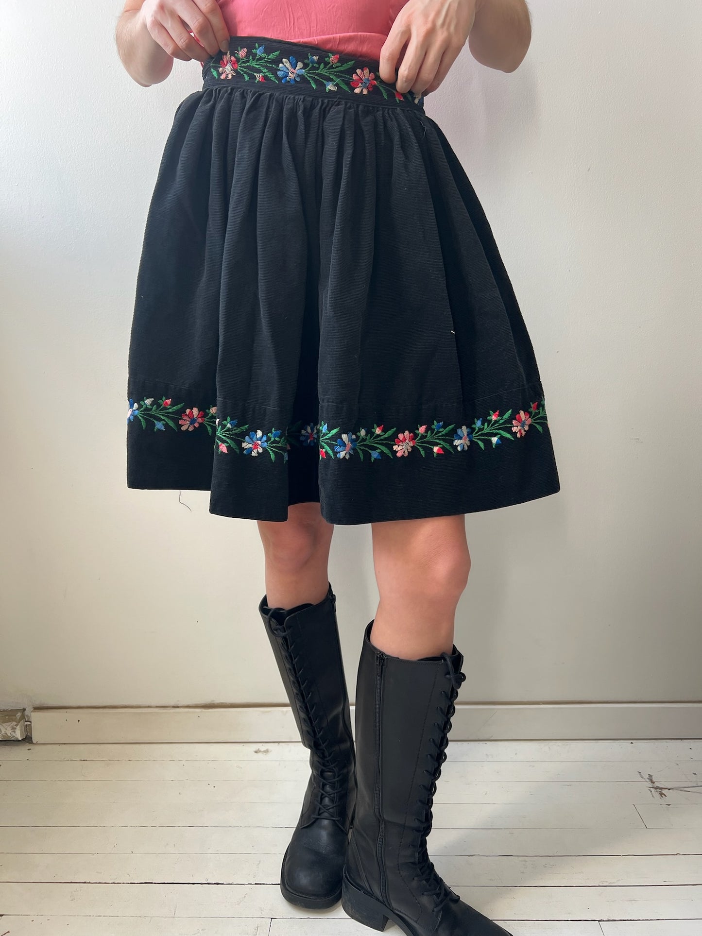 Black Floral Embroidered Corduroy Skirt
