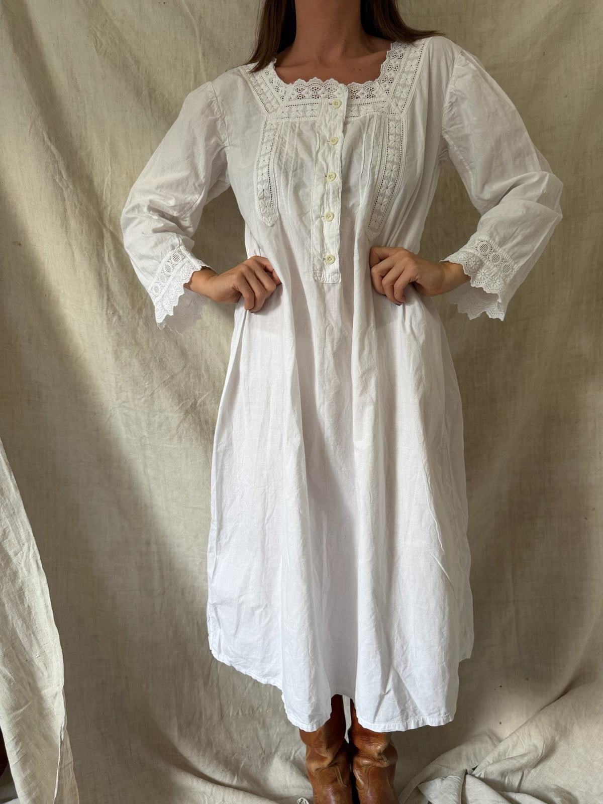 Antique Cotton Eyelet Trim Smock