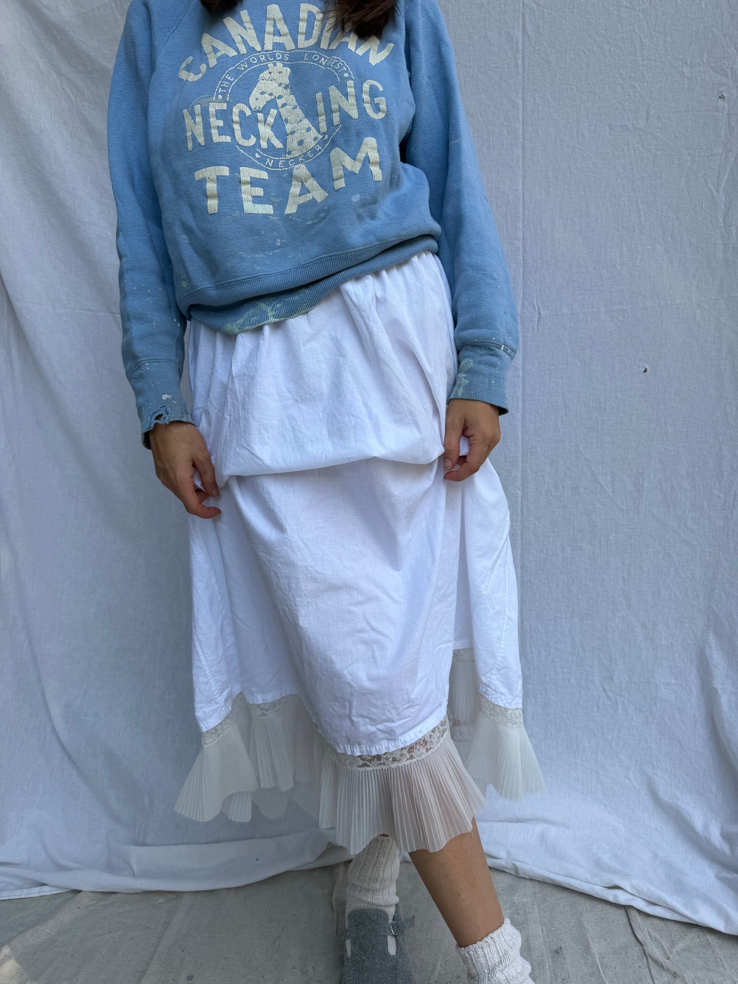 Antique Italian Cotton Skirt with Sheer Ruffle Trim