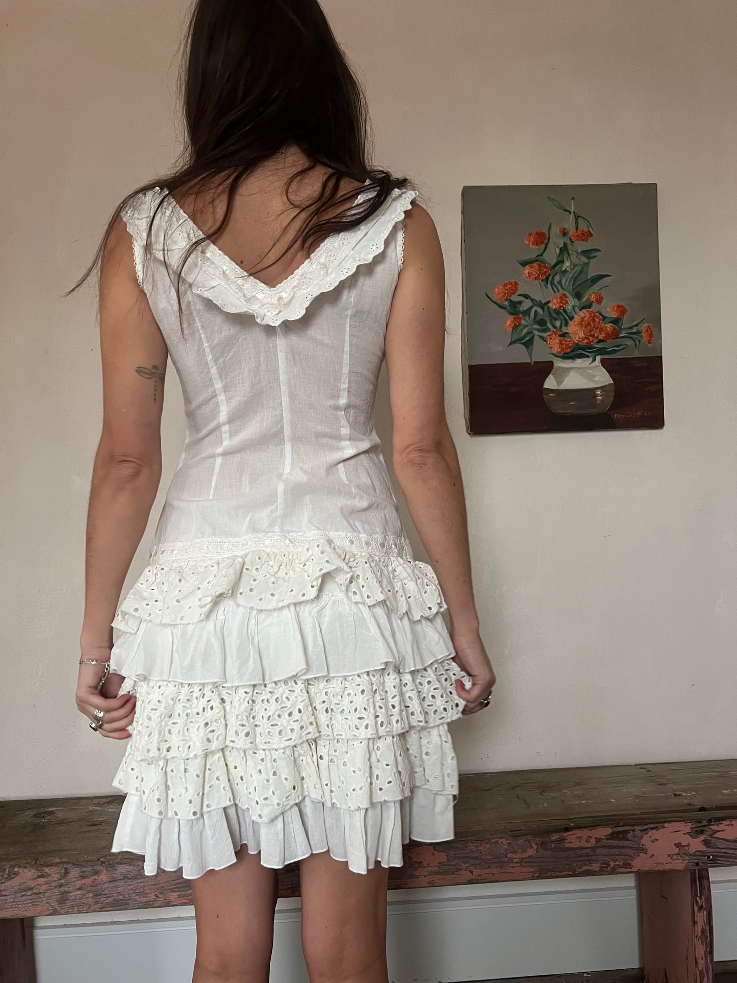 White Ruffle Eyelet Cotton Dress