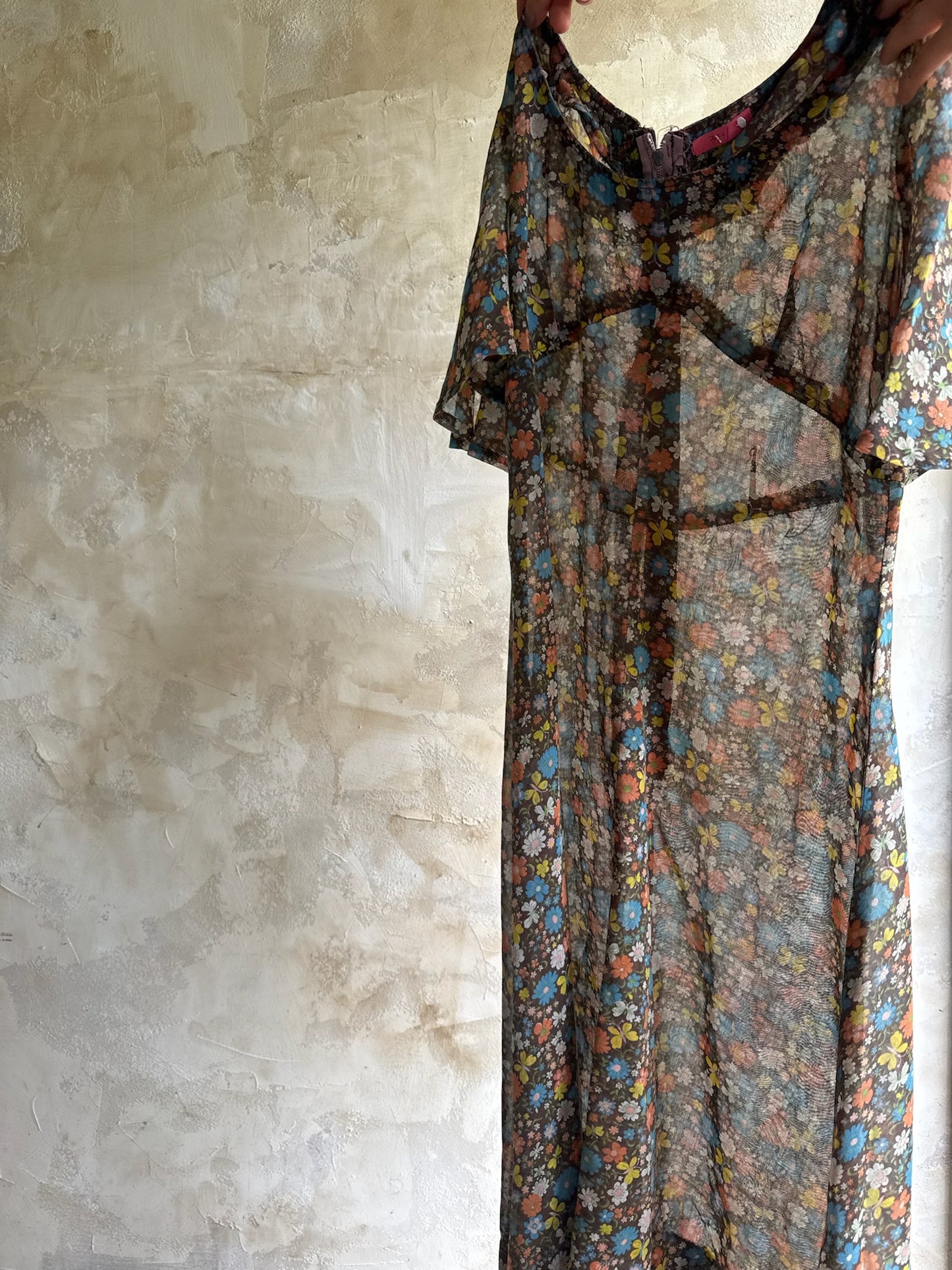 Sheer 70s Brown Floral Dress
