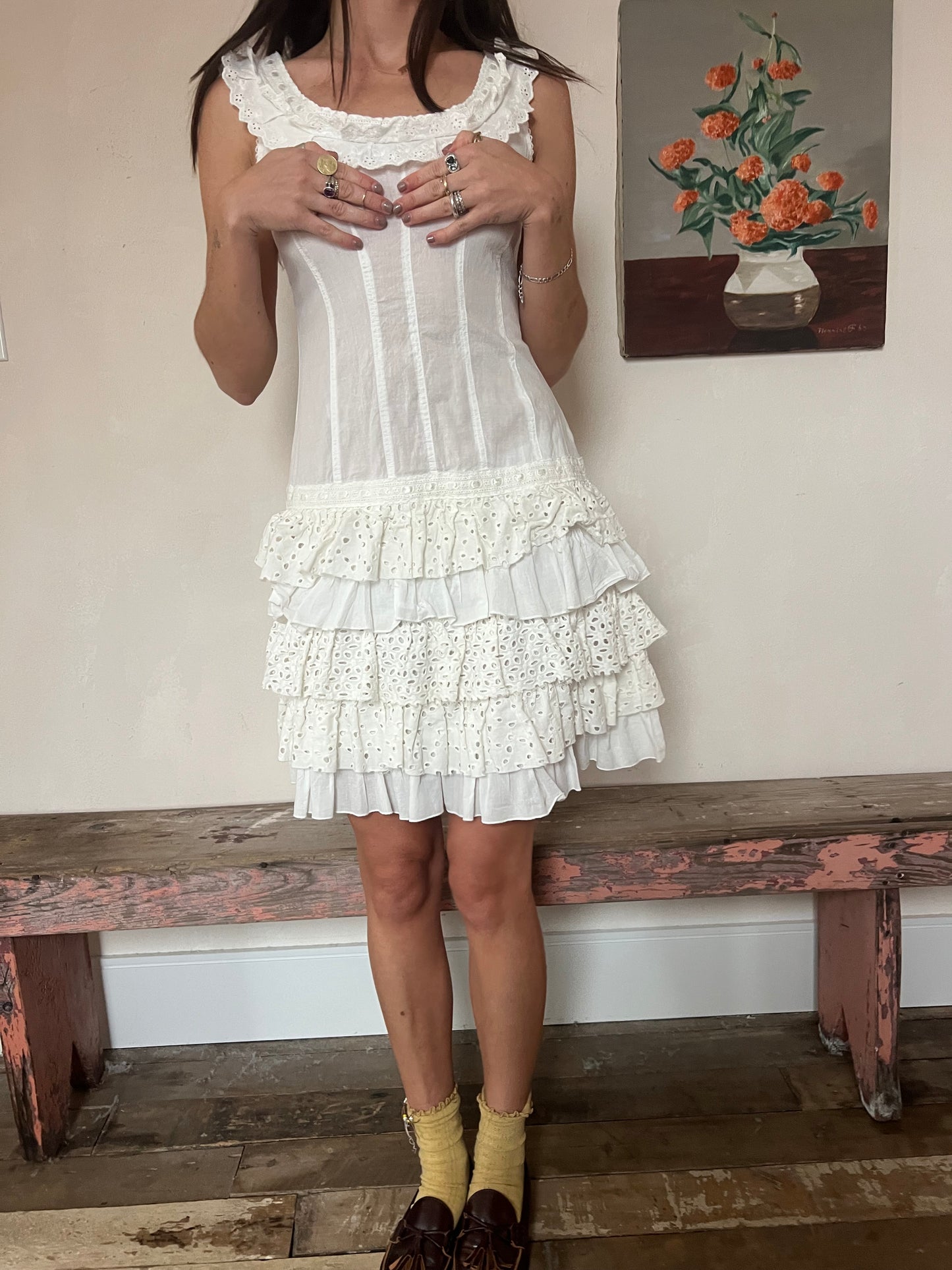 White Ruffle Eyelet Cotton Dress