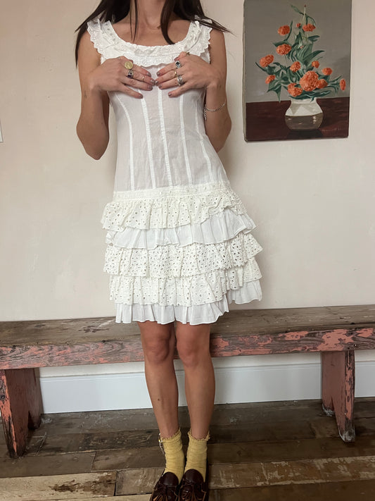 White Ruffle Eyelet Cotton Dress