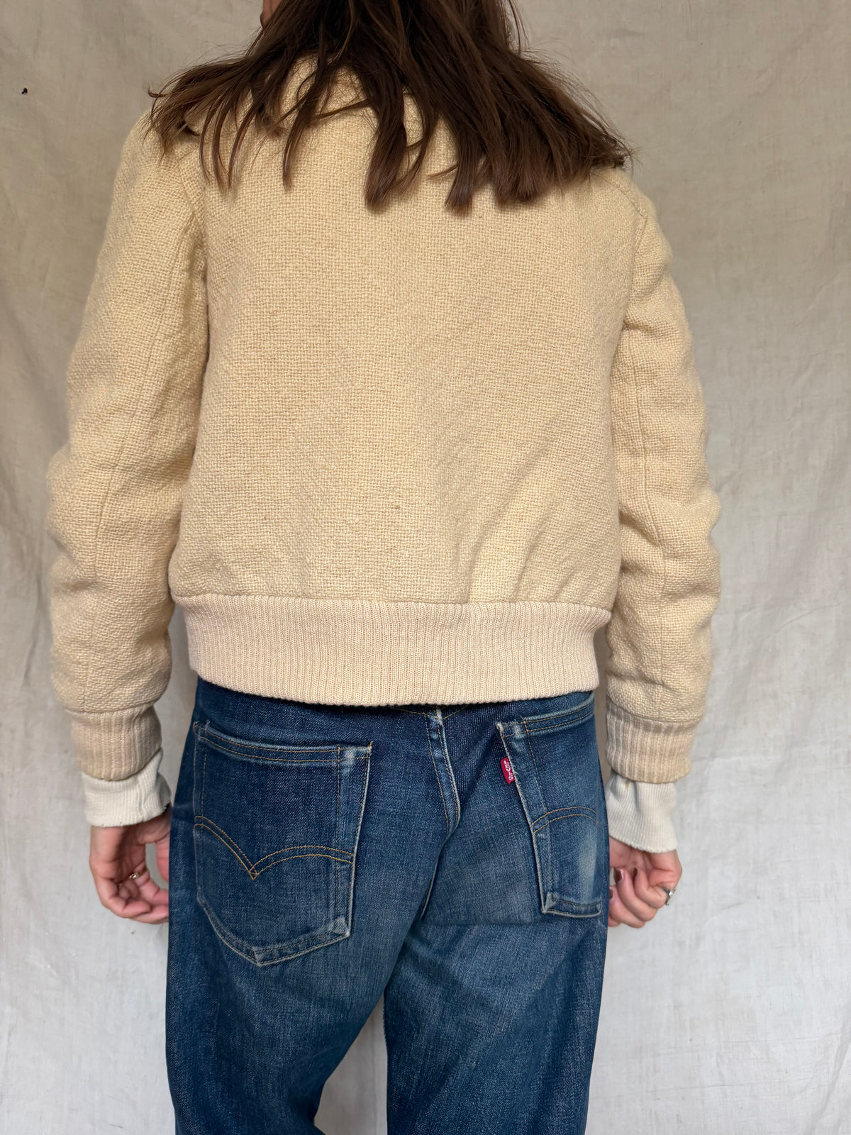 Cream Wool Knit Bomber Jacket