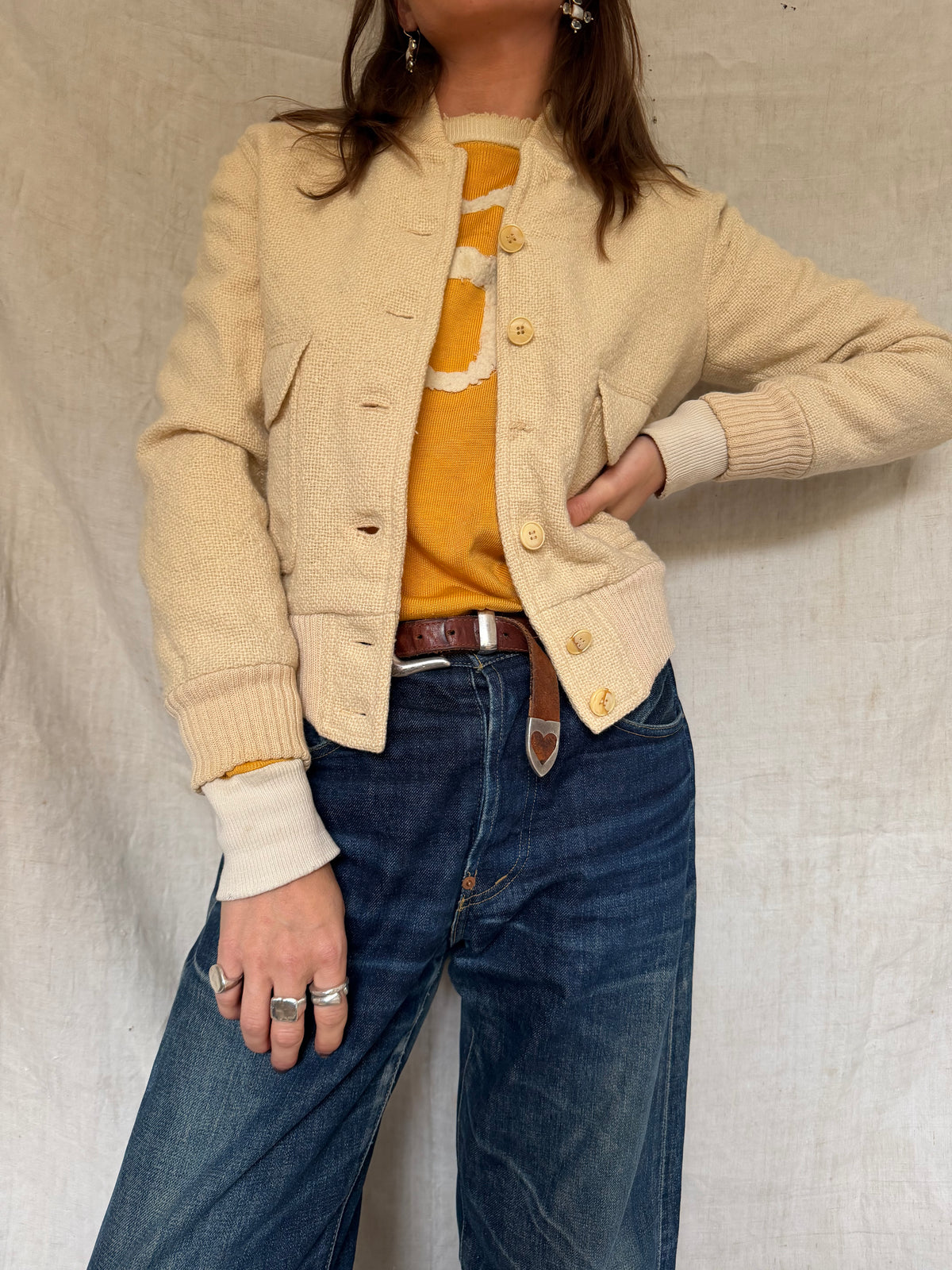 Cream Wool Knit Bomber Jacket