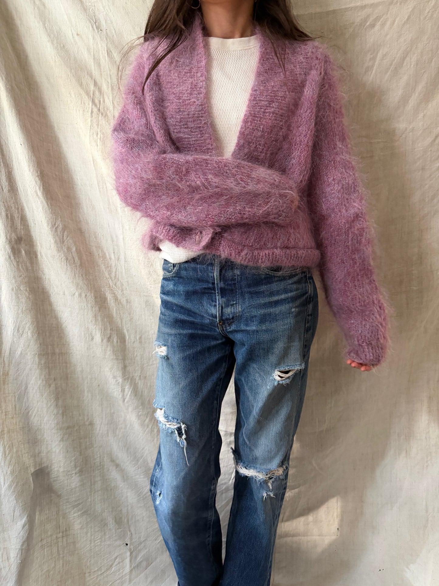Cropped Magenta Mohair Cardigan