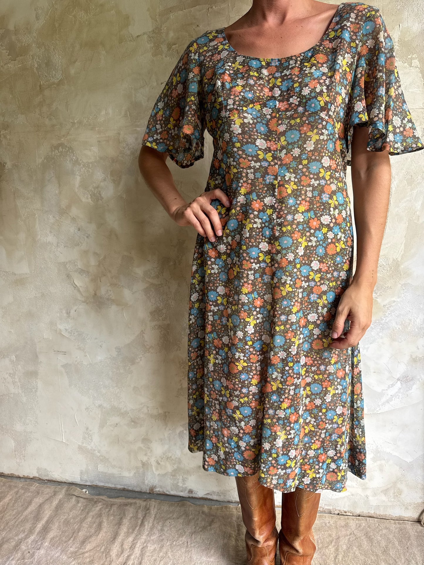 Sheer 70s Brown Floral Dress