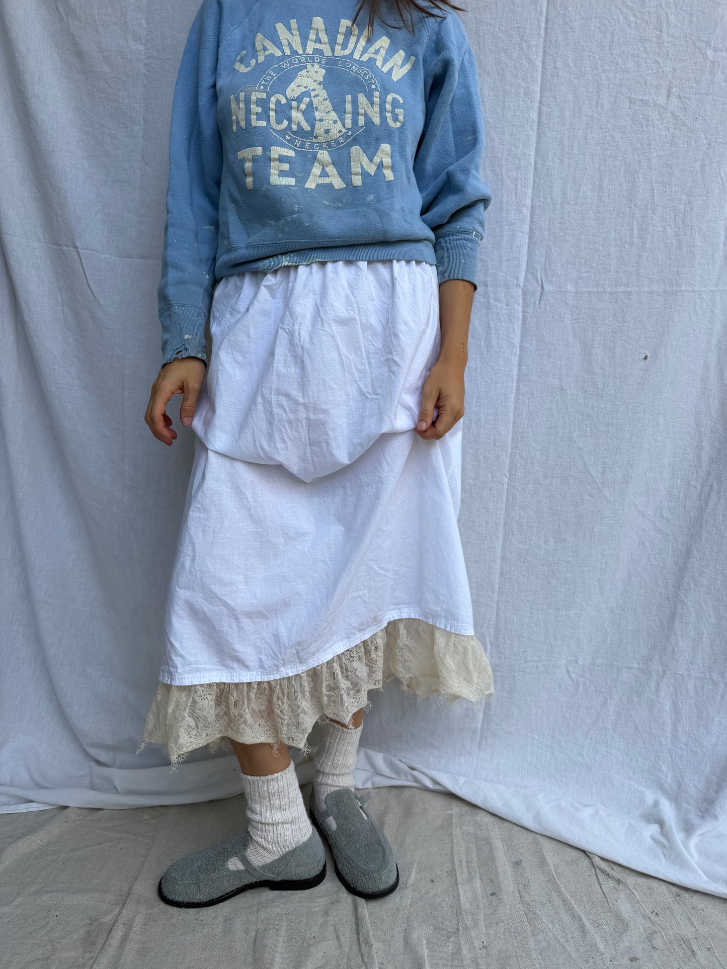 Antique Cotton Skirt with Ivory Lace Ruffle
