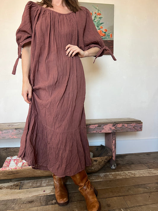 Oaxacan Balloon Sleeve Dress in Brown