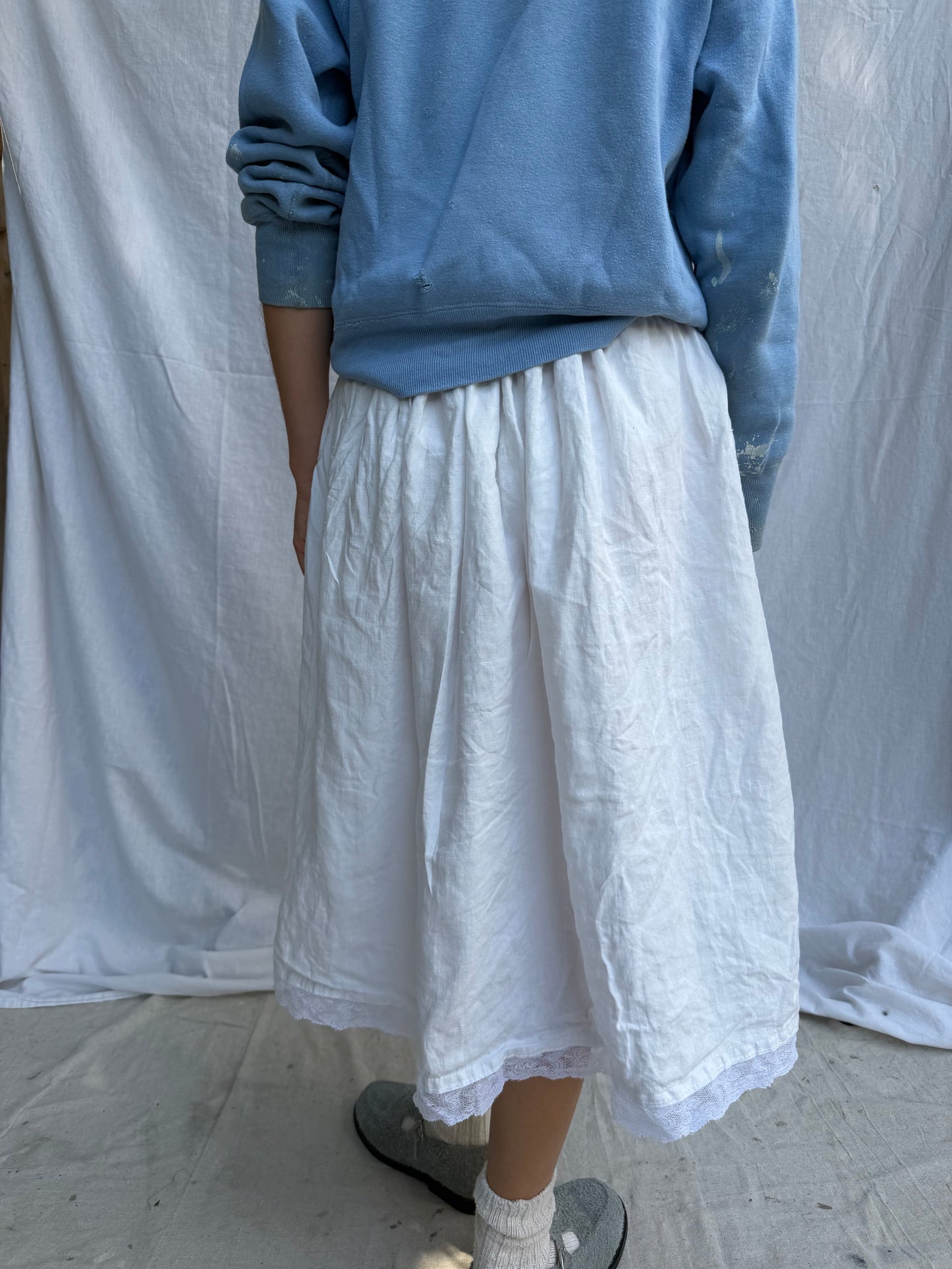 Antique Italian Linen Skirt w/ White Lace Trim