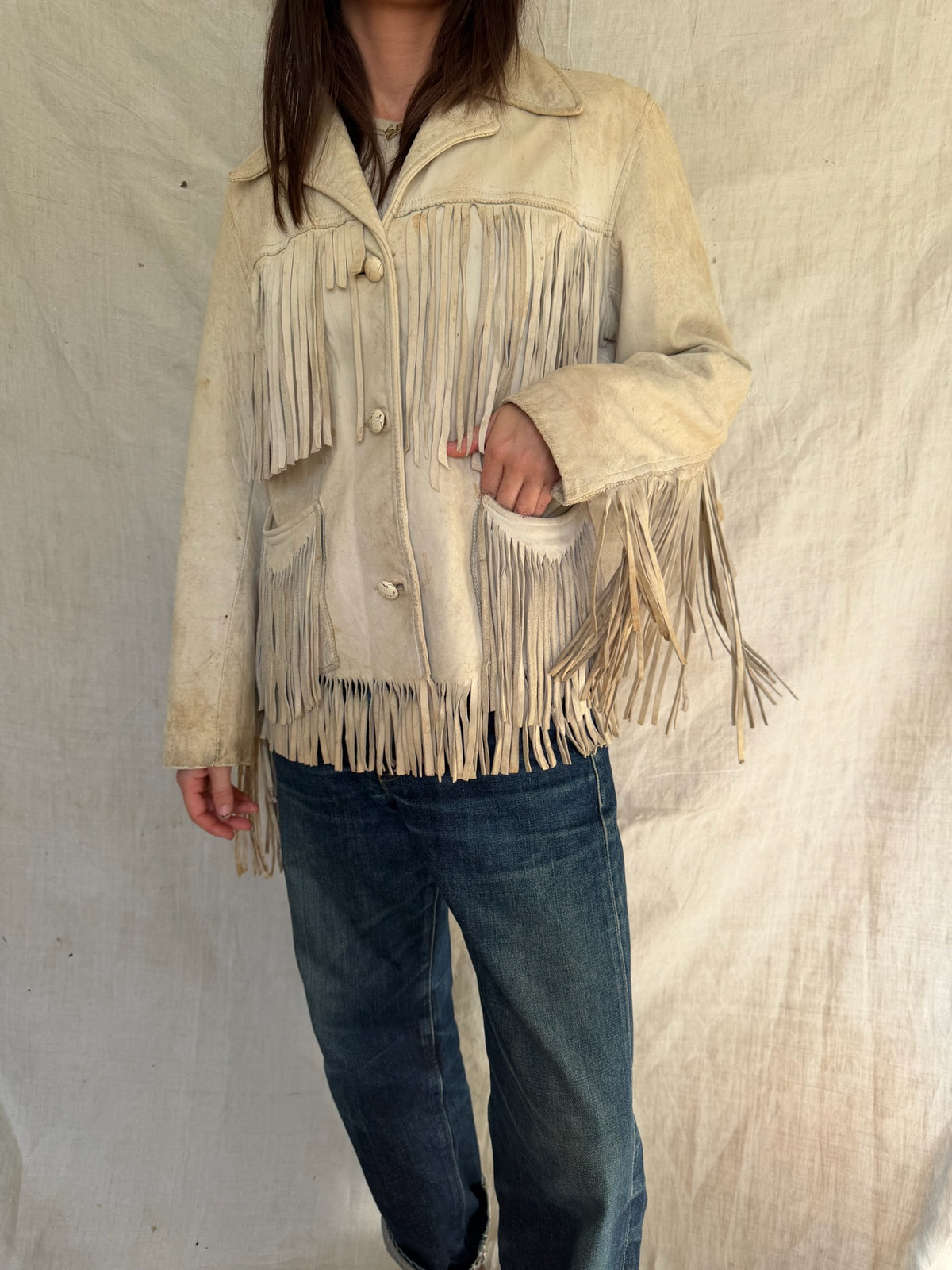 Well loved Cream Buckskin Fringe Jacket