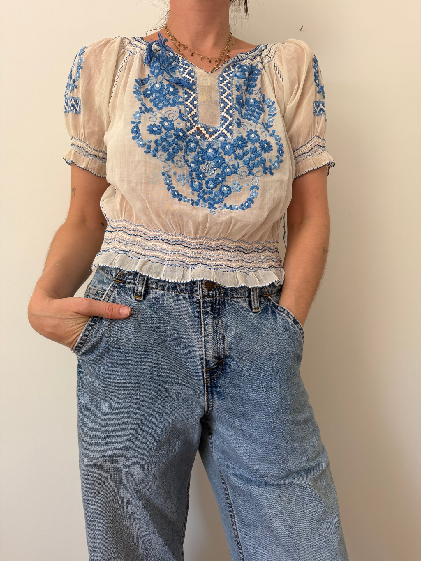 1930s Hungarian Blue Floral Embroidered Blouse