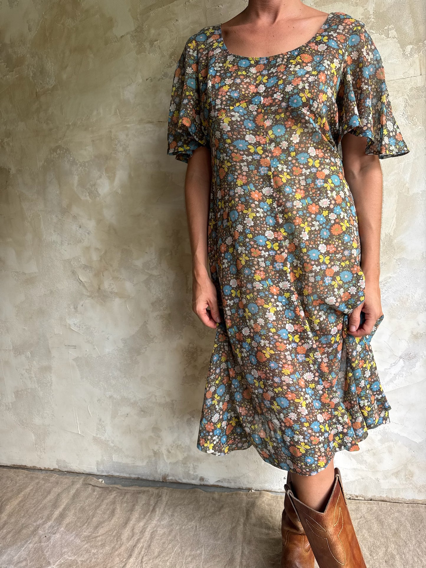 Sheer 70s Brown Floral Dress