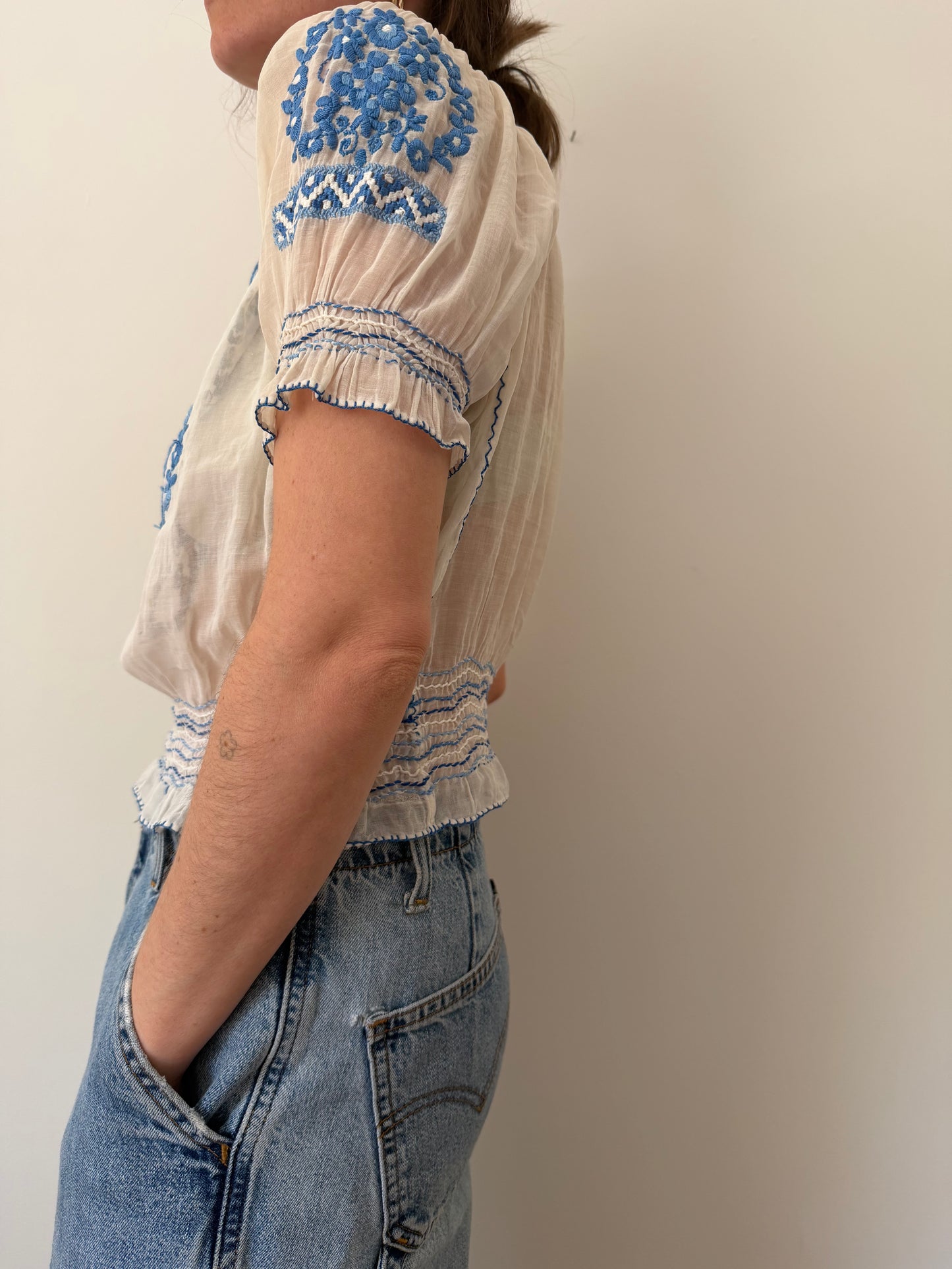 1930s Hungarian Blue Floral Embroidered Blouse