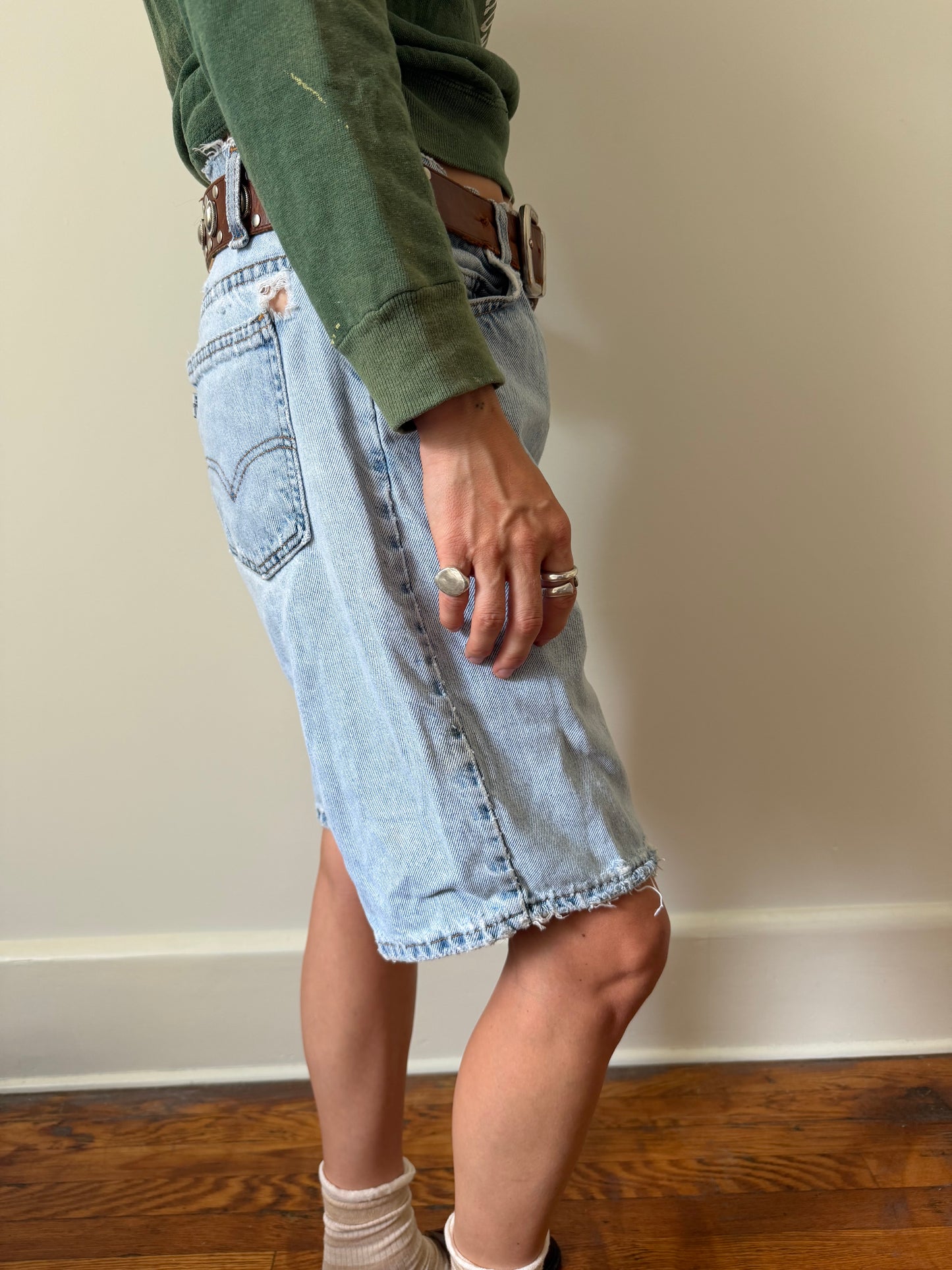Levi’s 505 Regular Fit Distressed Lightwash Long Denim Shorts