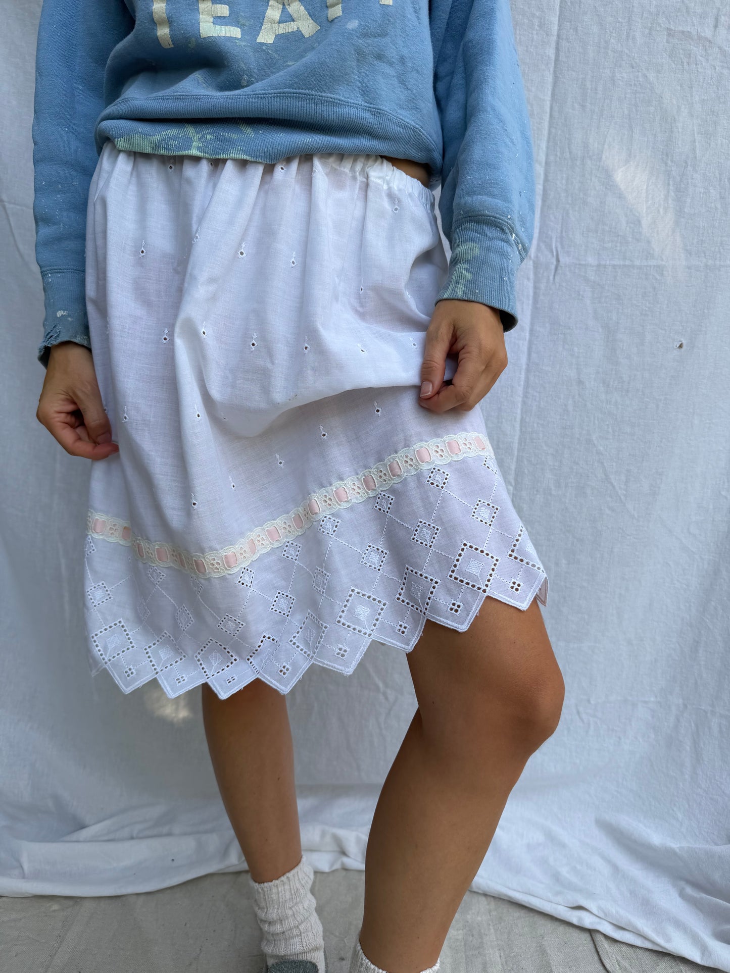 White Cotton Eyelet Skirt with Pink Ribbon