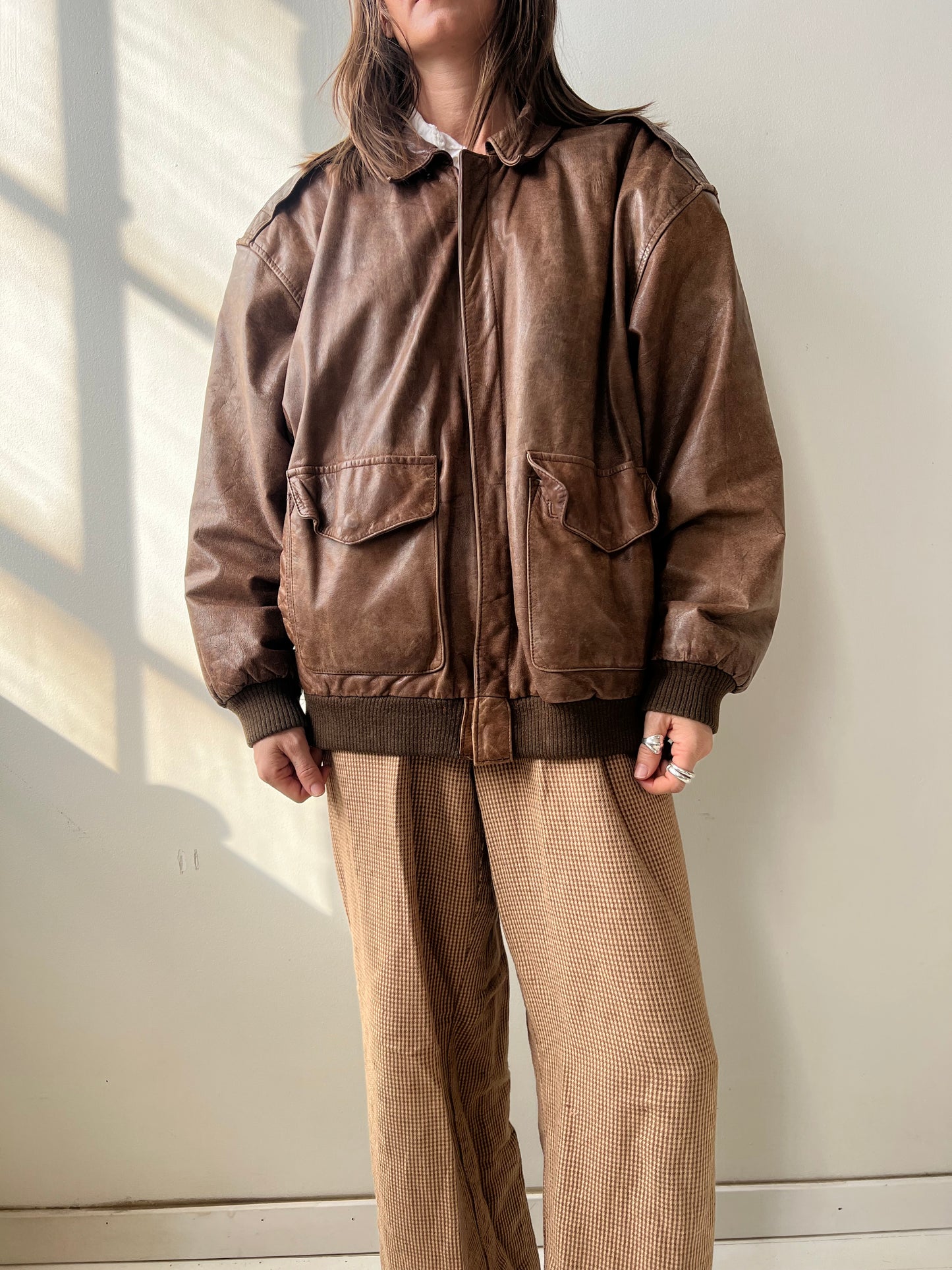 Faded Light Brown Leather Bomber