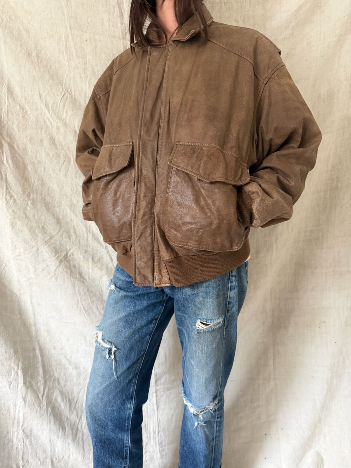 Faded Brown Leather Bomber