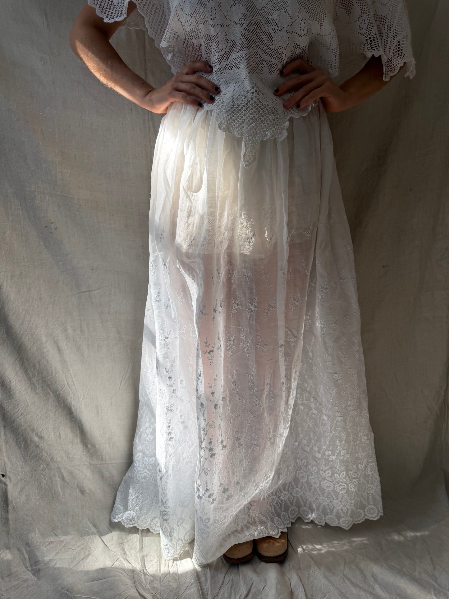 White Cotton Floral Embroidered Antique Long Skirt