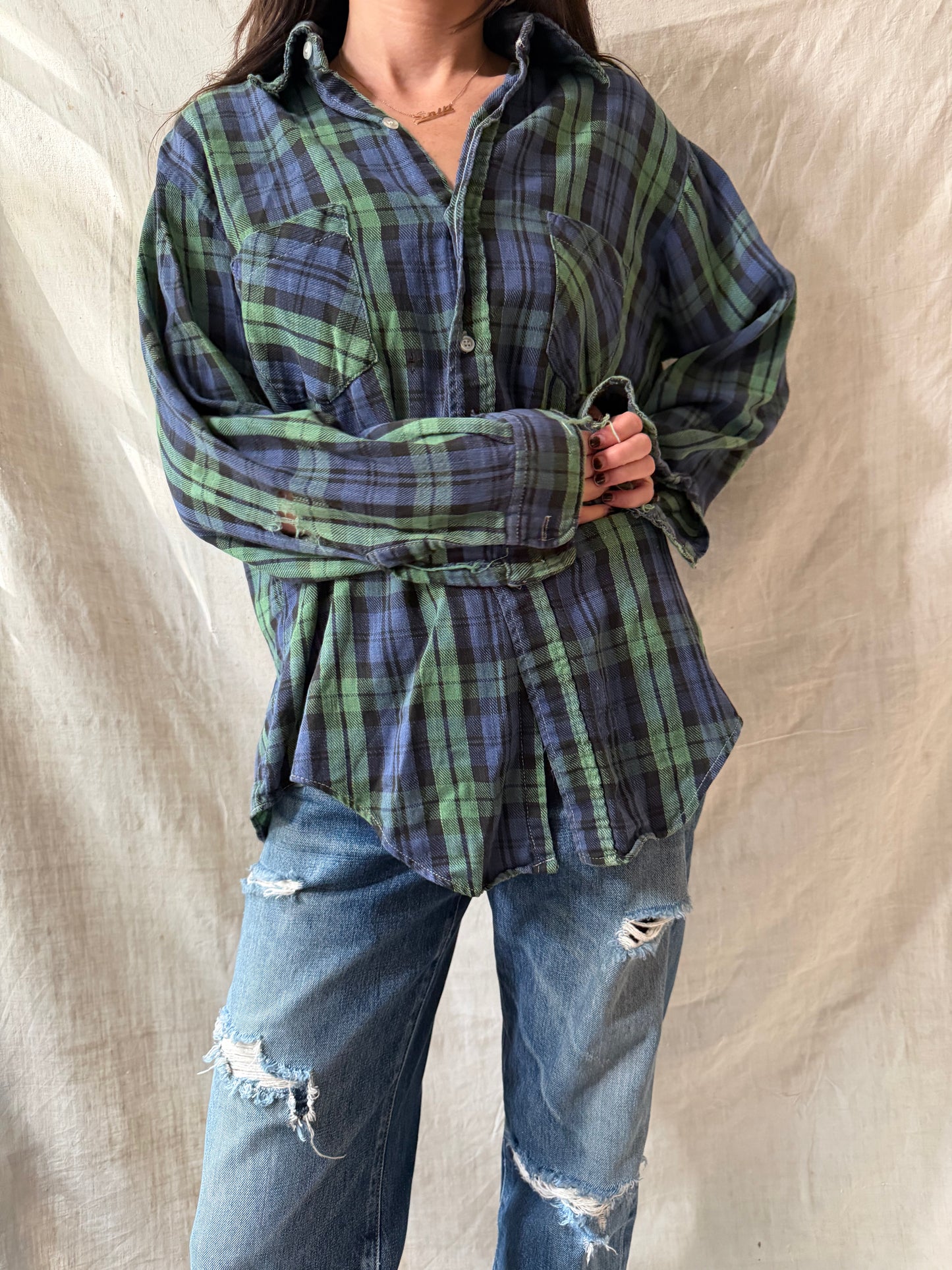 Super Distressed Green + Blue Plaid