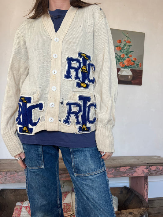 Distressed Patched Wool Varsity Cardigan