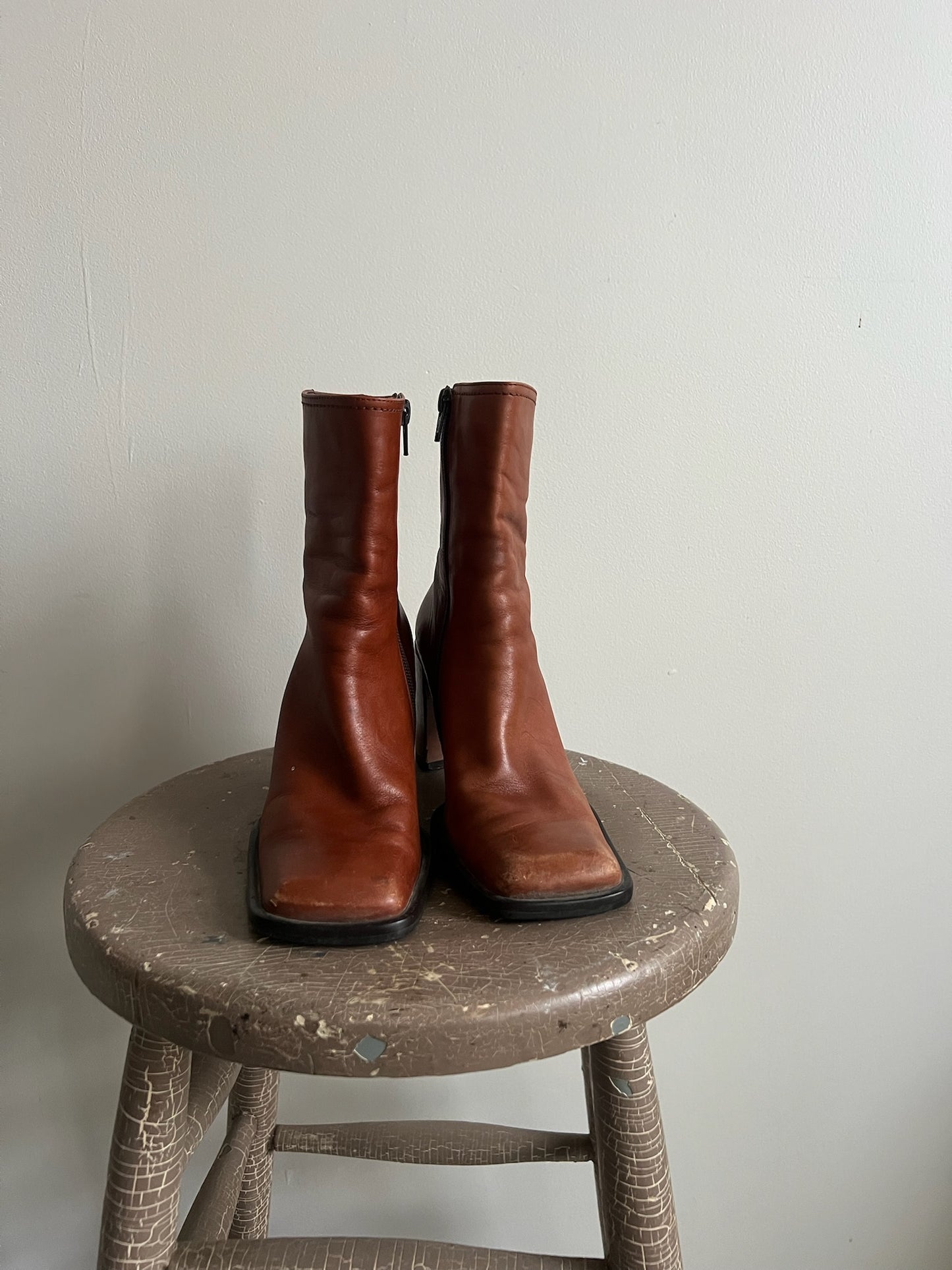 Short Tan Square Toe Heel Boot