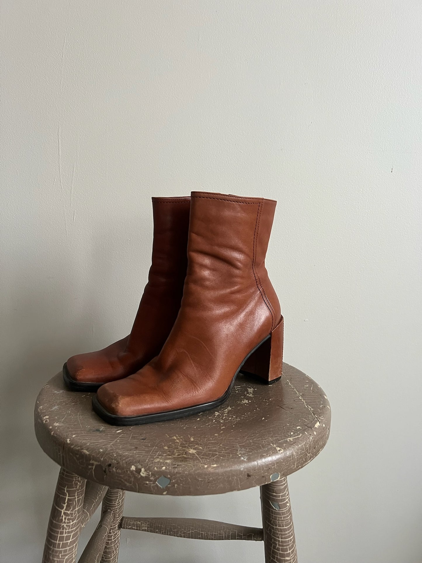 Short Tan Square Toe Heel Boot