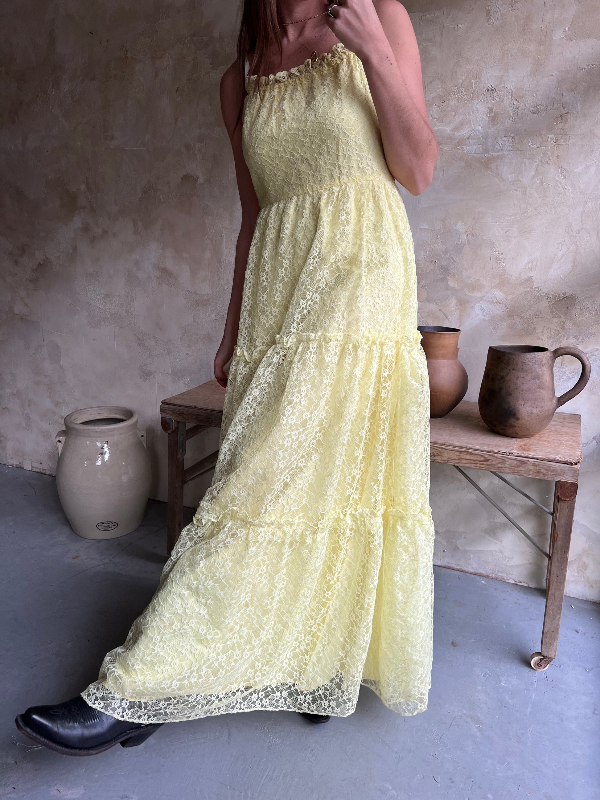 lemon yellow lace dress Scalloped-Lace Long-Sleeve Mini Dress in Lemon Yellow