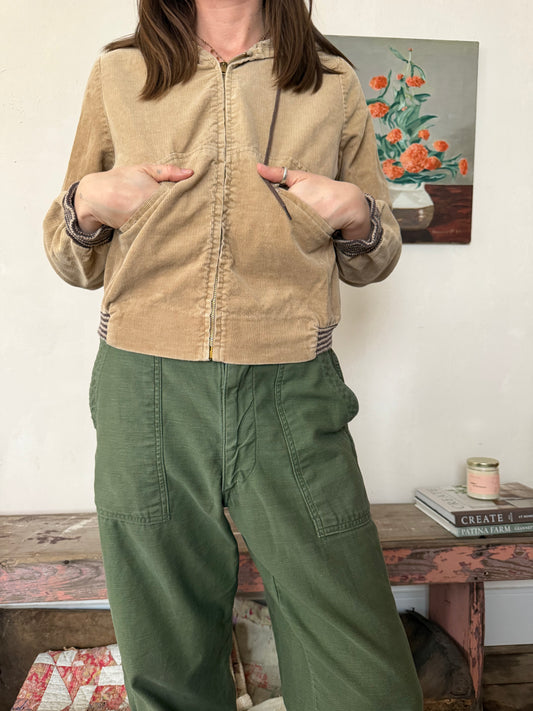 Beige Corduroy Zip Up Hoodie