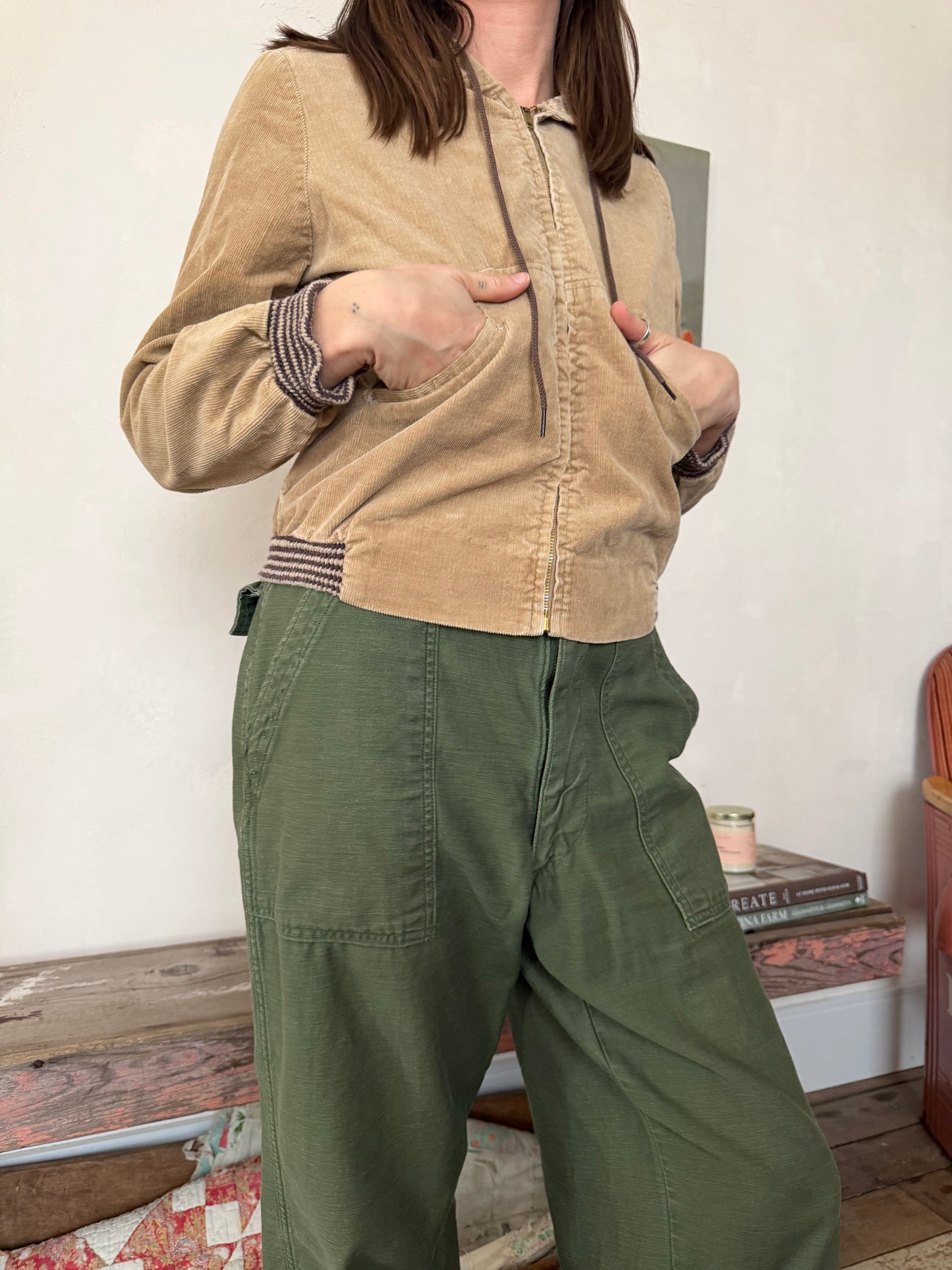 Beige Corduroy Zip Up Hoodie