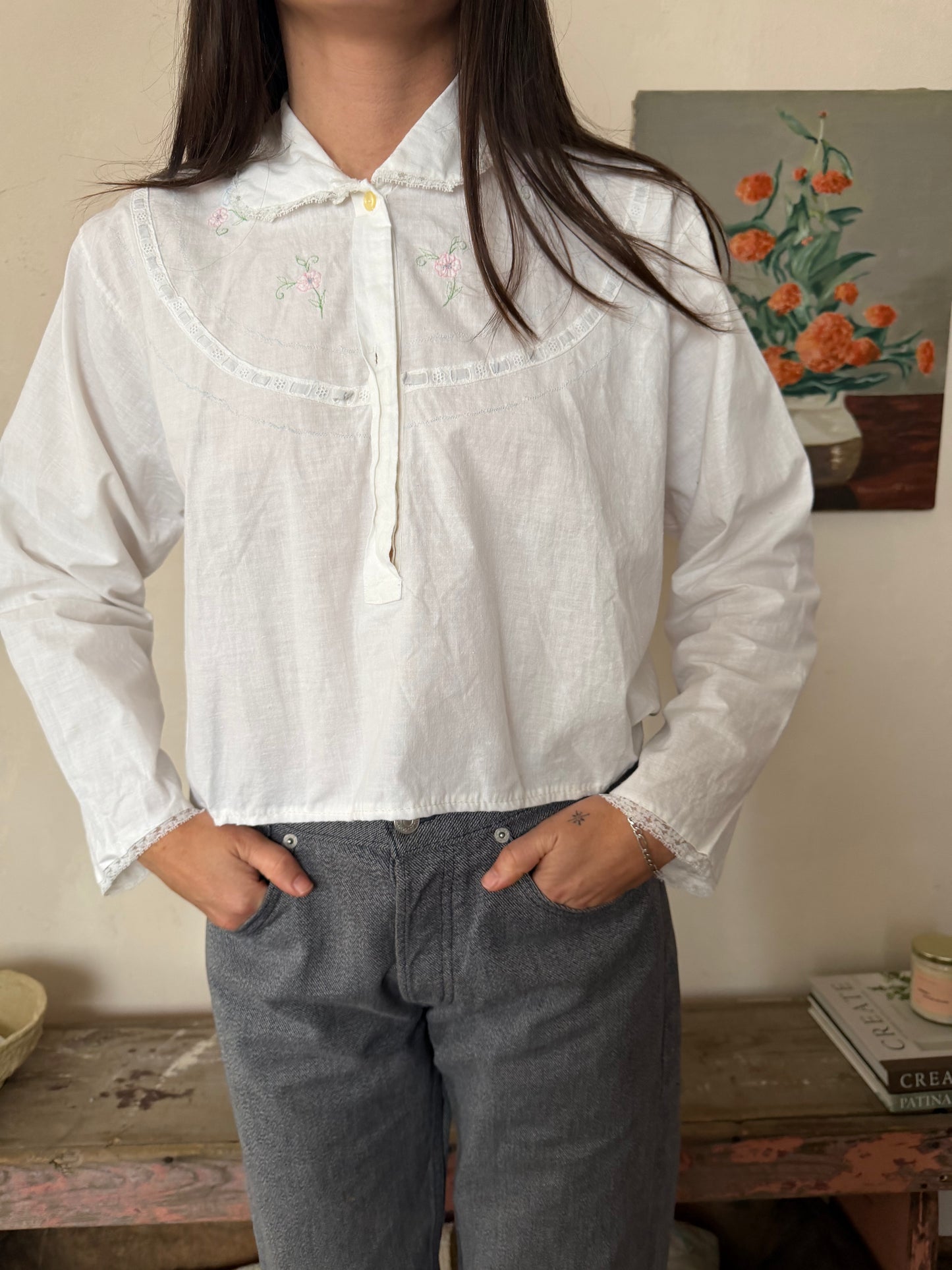 Italian White Embroidered Cotton Blouse