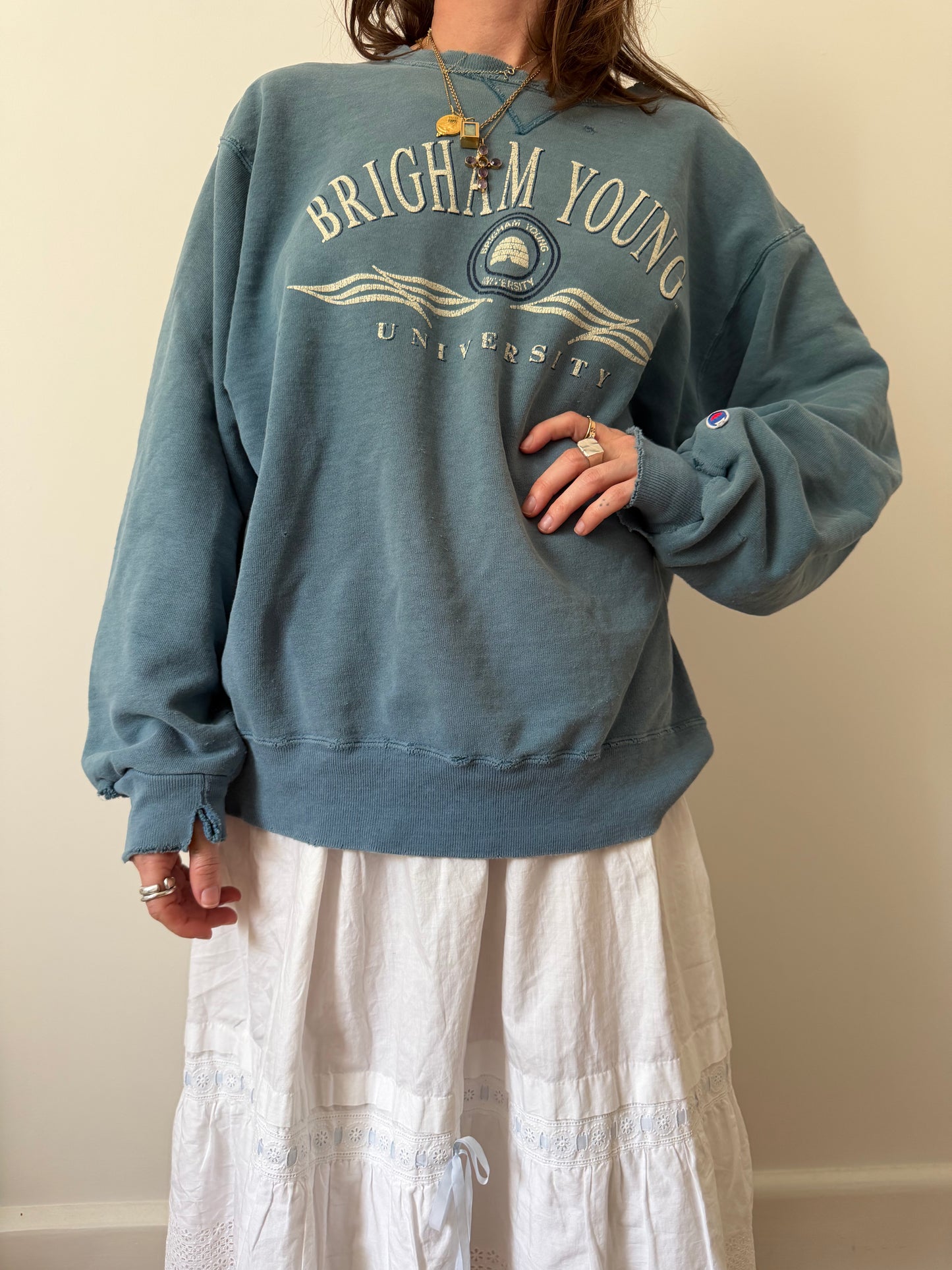 Distressed and Faded Brigham Young Crewneck